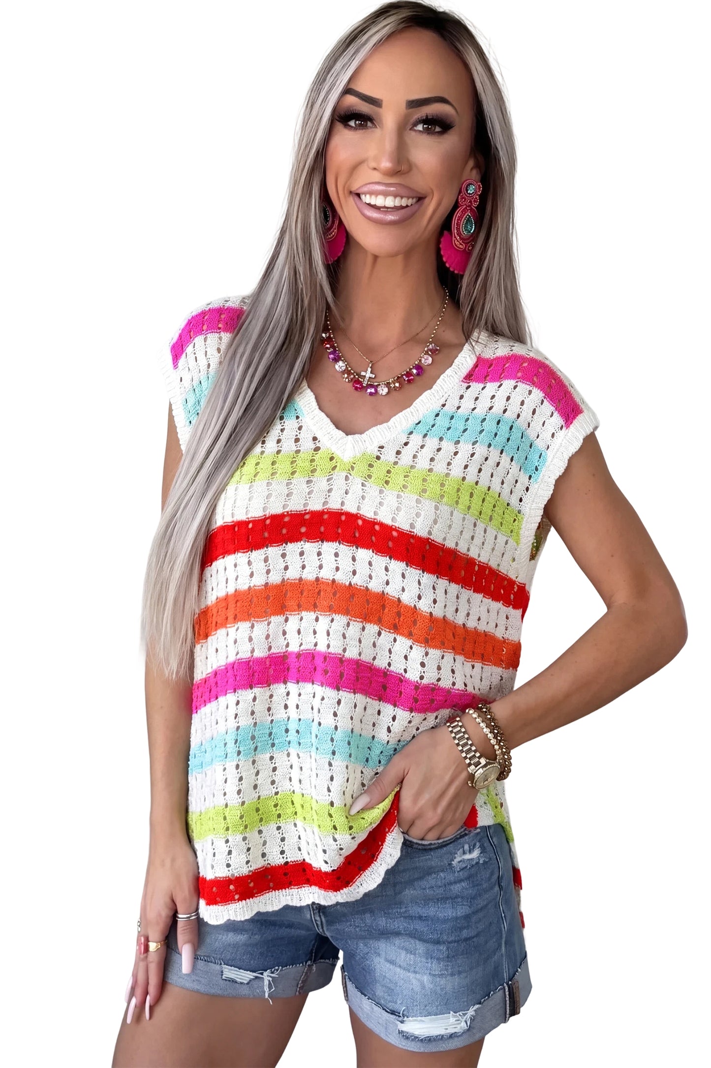 Multicolour Striped Eyelet Knit V Neck Sweater Tee-TOPS / DRESSES-[Adult]-[Female]-2022 Online Blue Zone Planet
