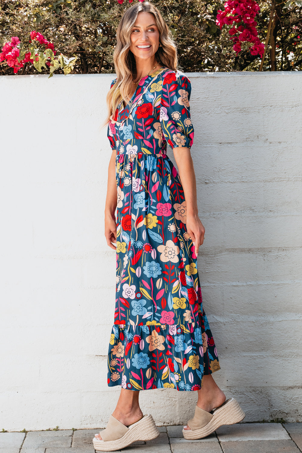 Green Retro Floral Printed Split Neck Maxi Dress Blue Zone Planet