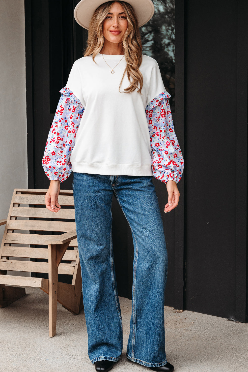 White Floral Ruffled Balloon Sleeve Patchwork Loose Blouse-Tops/Blouses & Shirts-[Adult]-[Female]-2022 Online Blue Zone Planet