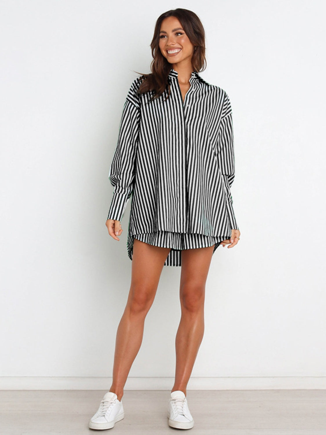 Blue Zone Planet | Striped Dropped Shoulder Shirt and Shorts Set-TOPS / DRESSES-[Adult]-[Female]-2022 Online Blue Zone Planet