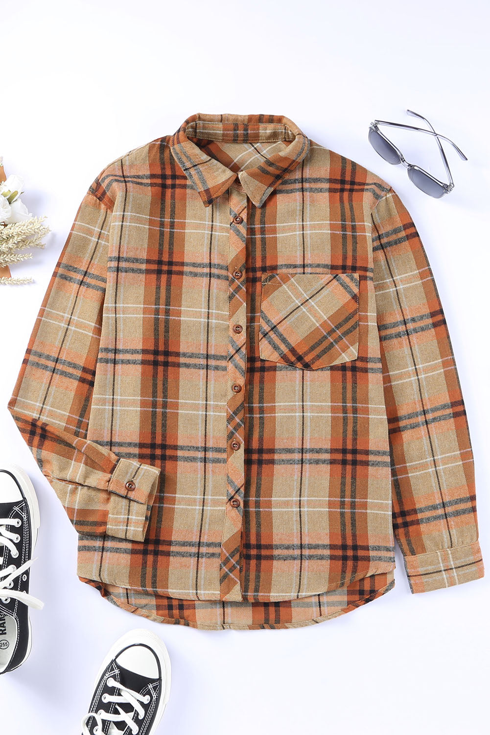 Orange Plaid Pocket Buttoned Long Sleeve Shirt-Tops/Blouses & Shirts-[Adult]-[Female]-2022 Online Blue Zone Planet