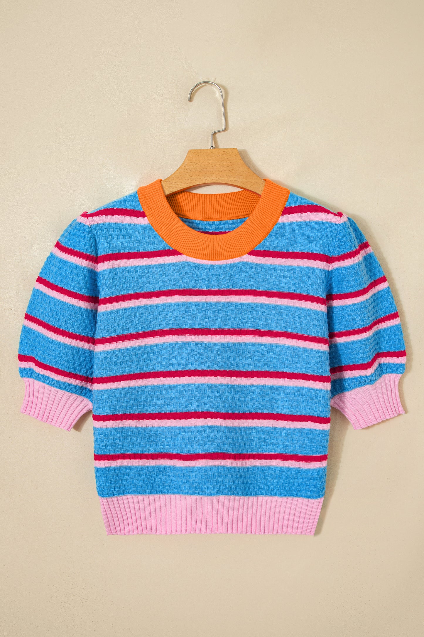 Green Stripe Colorblock Trim Half Sleeve Sweater Top-TOPS / DRESSES-[Adult]-[Female]-2022 Online Blue Zone Planet