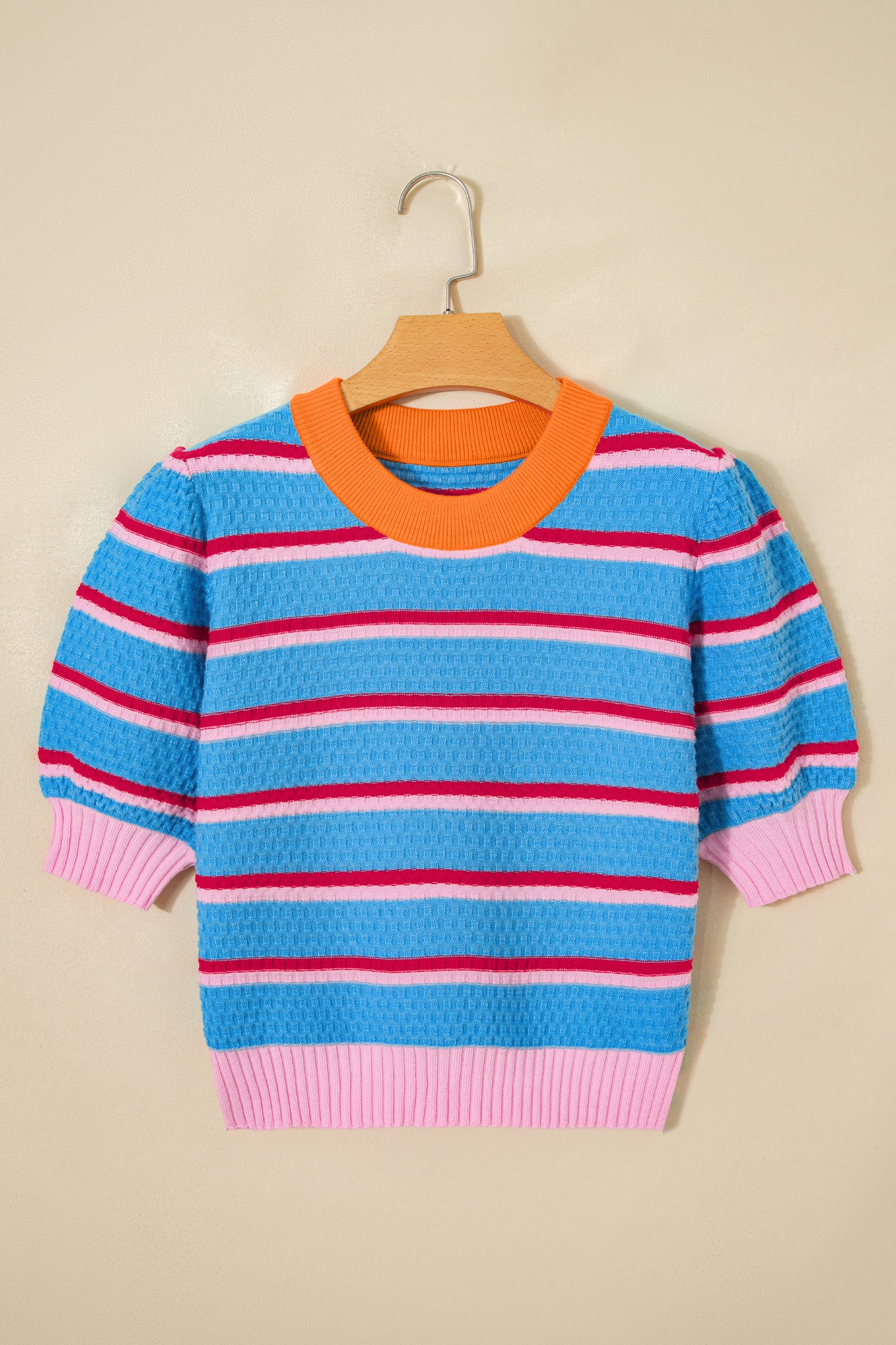 Green Stripe Colorblock Trim Half Sleeve Sweater Top-TOPS / DRESSES-[Adult]-[Female]-2022 Online Blue Zone Planet
