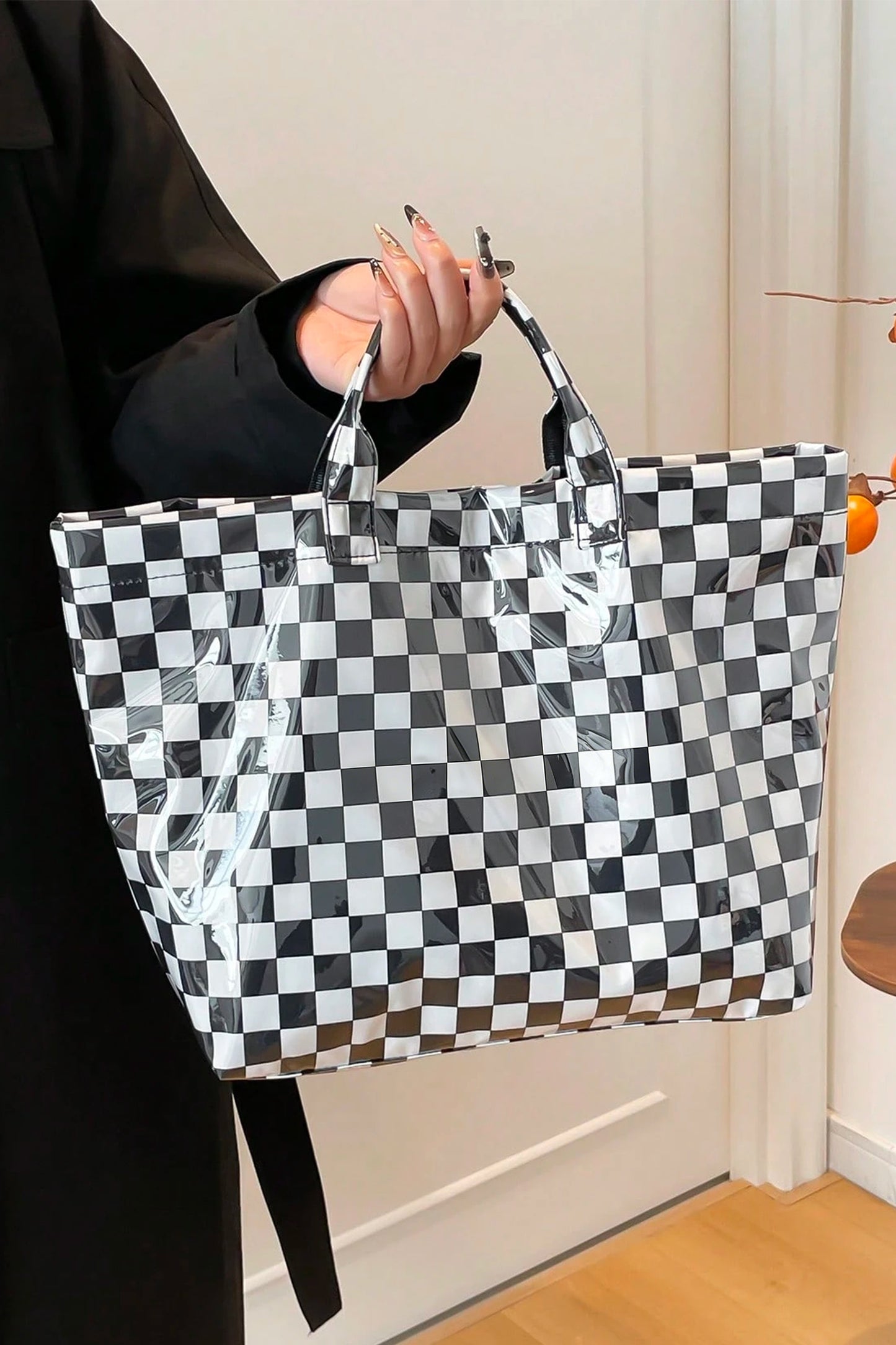 Beige Eyelet Flower Pattern PVC Glossy Waterproof Tote Bag