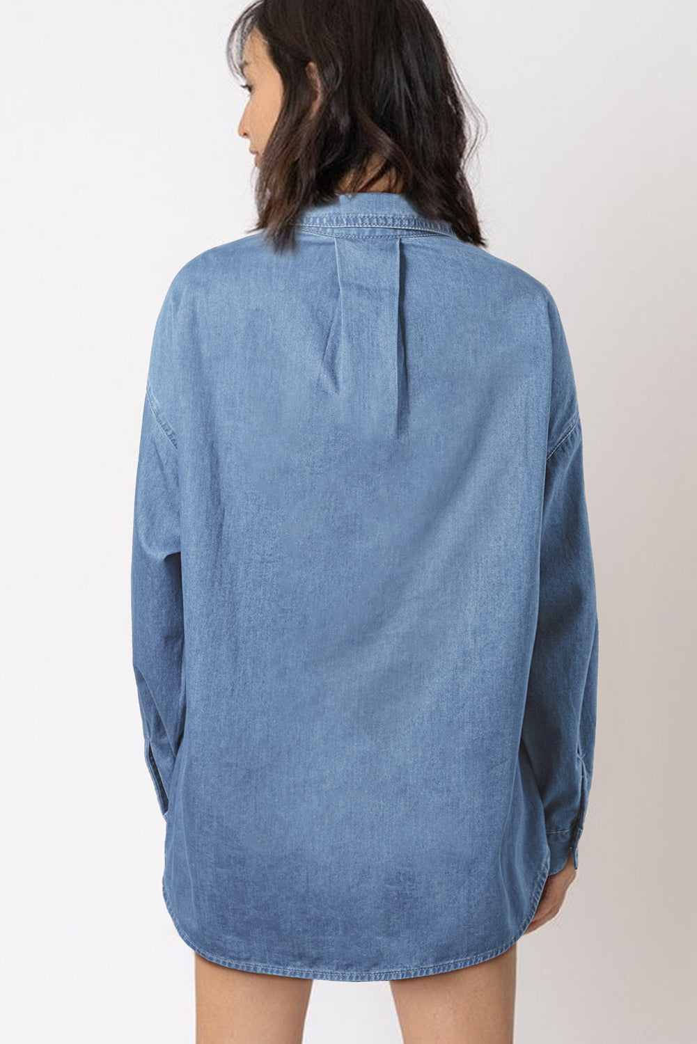 Beau Blue Solid Color Oversized Patched Pocket Buttoned Shirt-Tops/Blouses & Shirts-[Adult]-[Female]-2022 Online Blue Zone Planet