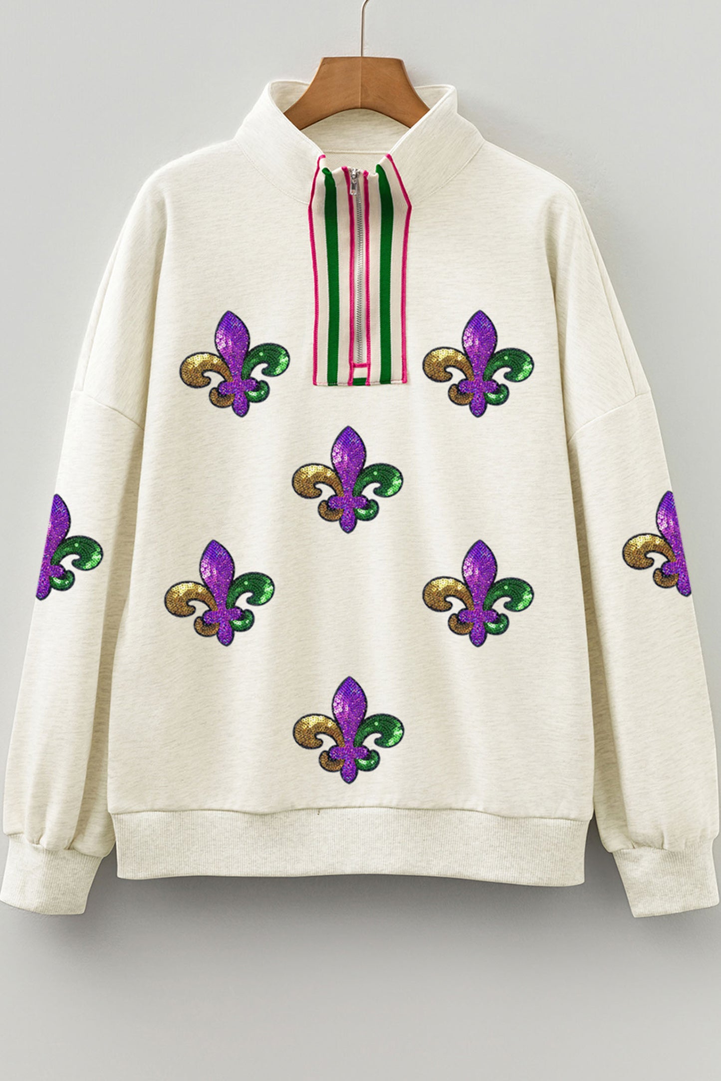 Light Grey Mardi Gras Sequined Pattern Contrast Zipped Collar Pullover Sweatshirt-Graphic Sweatshirts-[Adult]-[Female]-2022 Online Blue Zone Planet