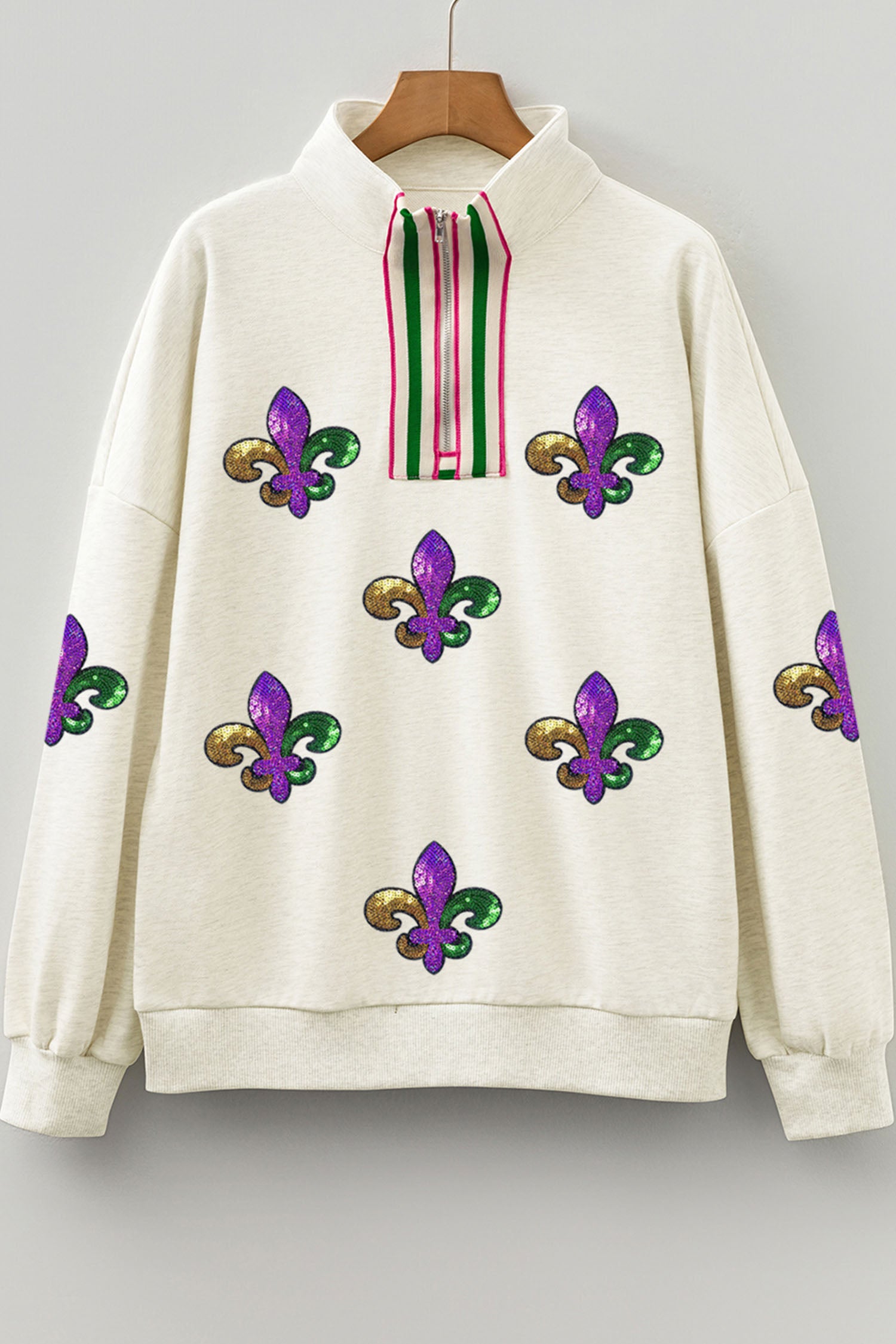 Light Grey Mardi Gras Sequined Pattern Contrast Zipped Collar Pullover Sweatshirt-Graphic Sweatshirts-[Adult]-[Female]-2022 Online Blue Zone Planet