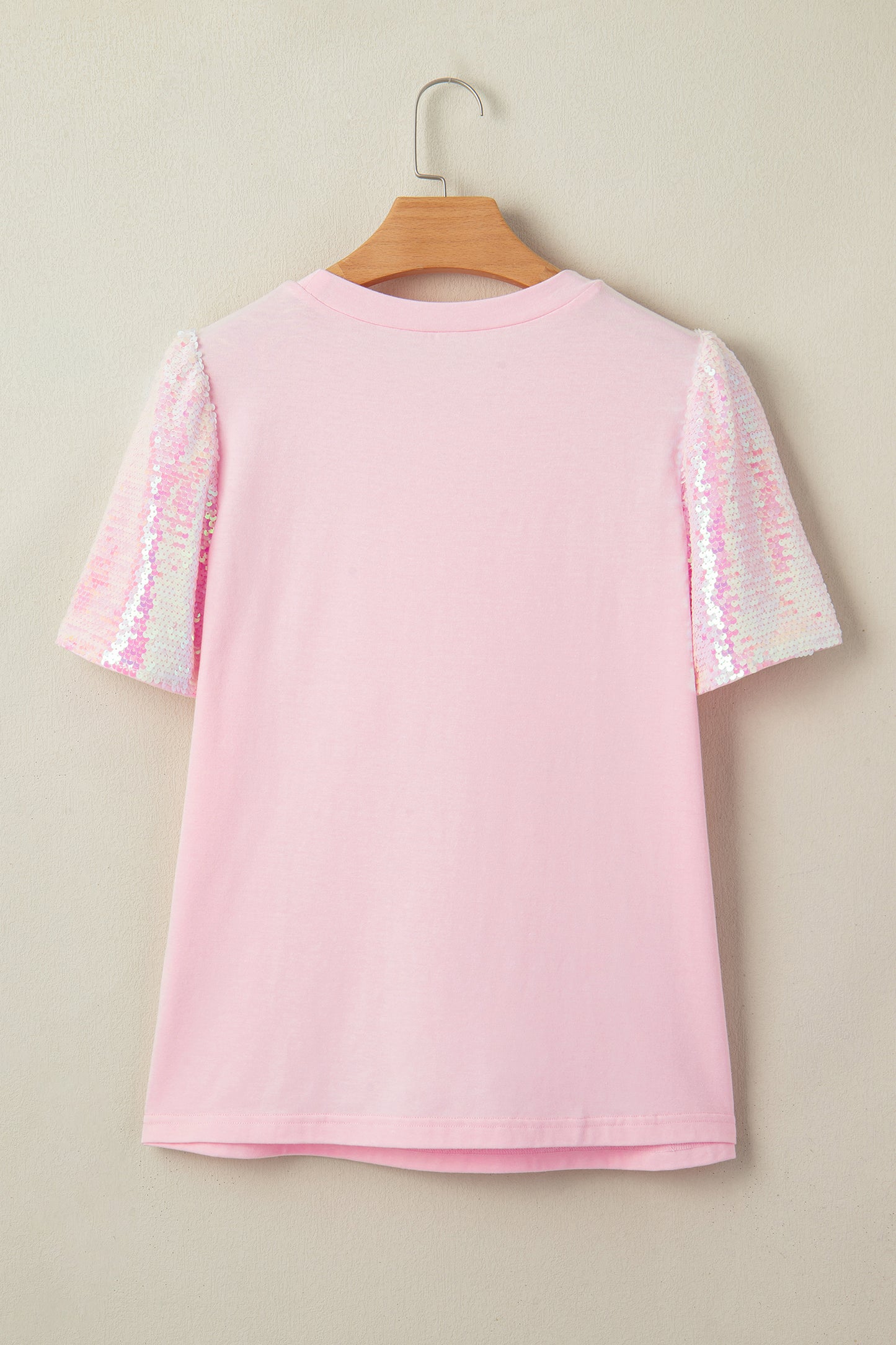 Light Pink Three Sweet Hearts Printed Sequin Trim Contrast Sleeve Patchwork Tee-Tops/Tops & Tees-[Adult]-[Female]-2022 Online Blue Zone Planet