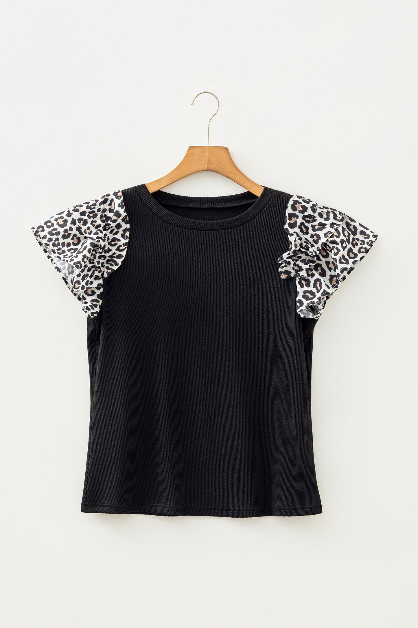 Black Contrast Leopard Ruffled Short Sleeve Ribbed Knit Top-Tops/Blouses & Shirts-[Adult]-[Female]-2022 Online Blue Zone Planet