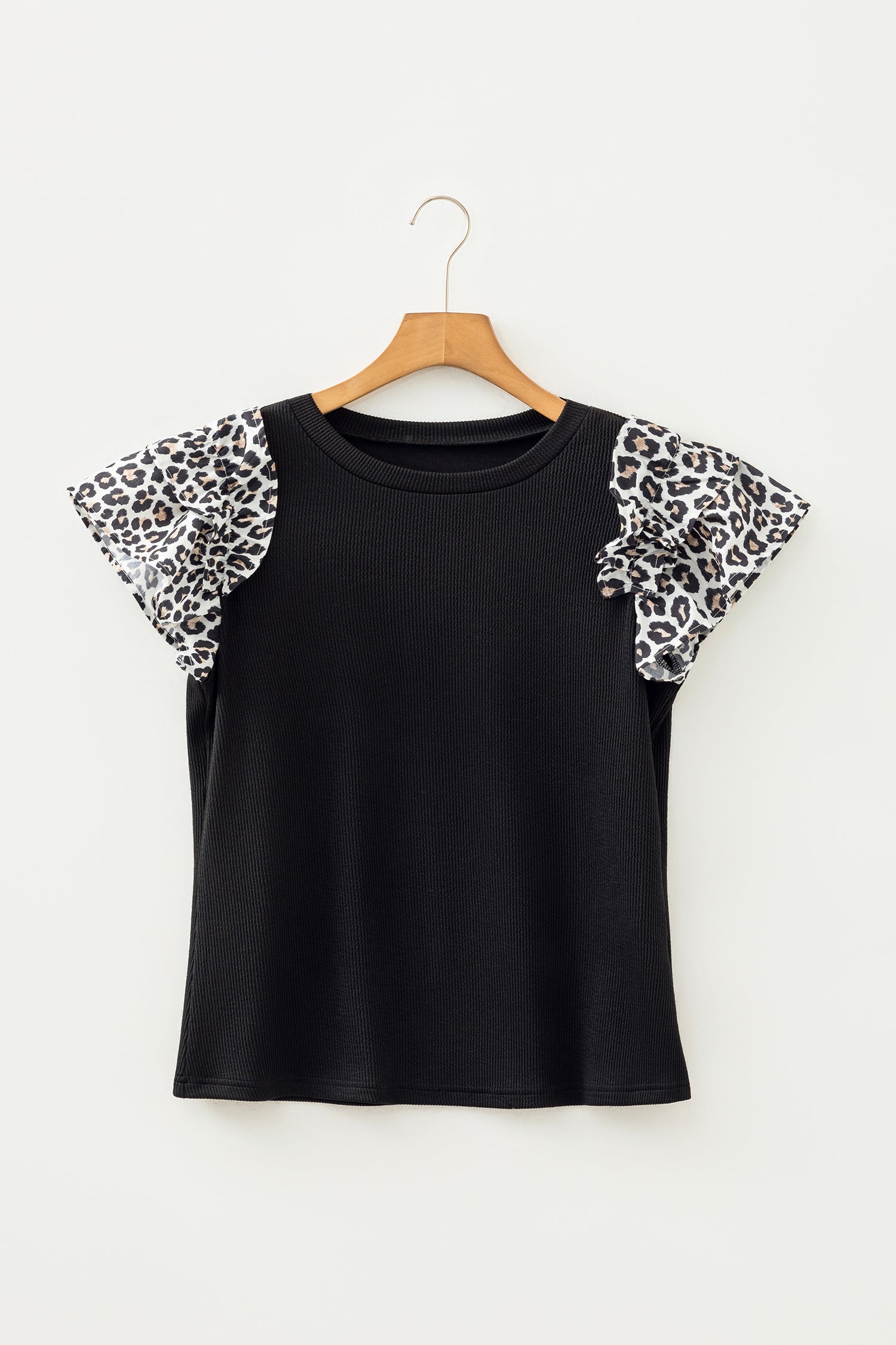 Black Contrast Leopard Ruffled Short Sleeve Ribbed Knit Top-Tops/Blouses & Shirts-[Adult]-[Female]-2022 Online Blue Zone Planet