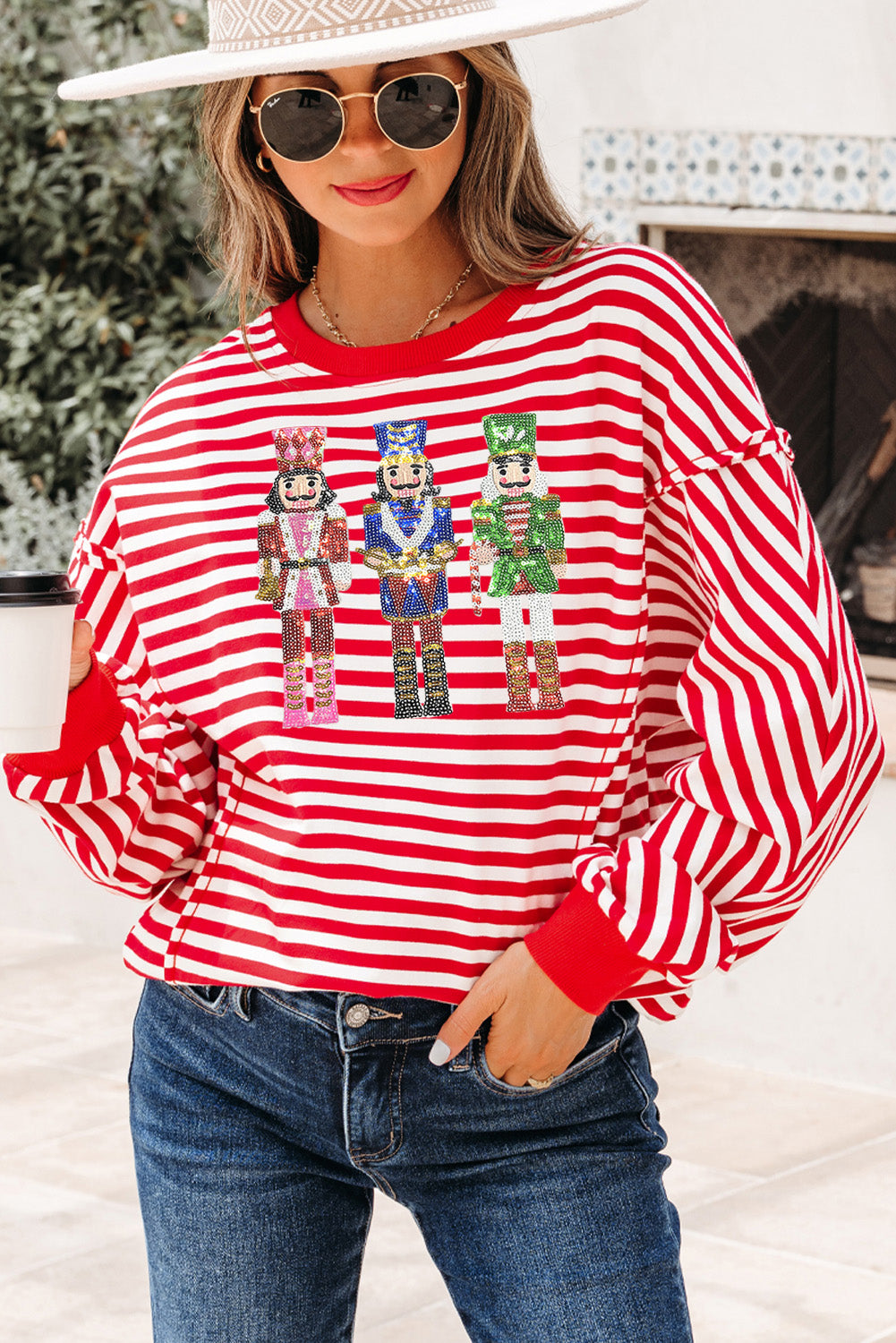 Red Stripe Christmas Nutcracker Sequin Patched Drop Shoulder Top-Graphic/Graphic Long Sleeve Tees-[Adult]-[Female]-Red Stripe-S-2022 Online Blue Zone Planet