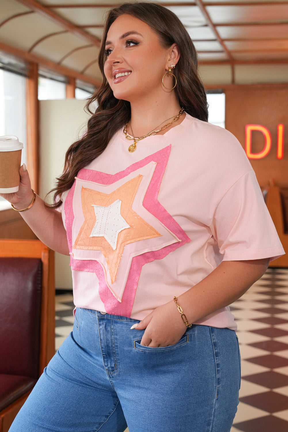 Light Pink Eyelet Lace Star Applique Plus Size T Shirt-Plus Size/Plus Size Tops/Plus Size Tops & Tees-[Adult]-[Female]-2022 Online Blue Zone Planet