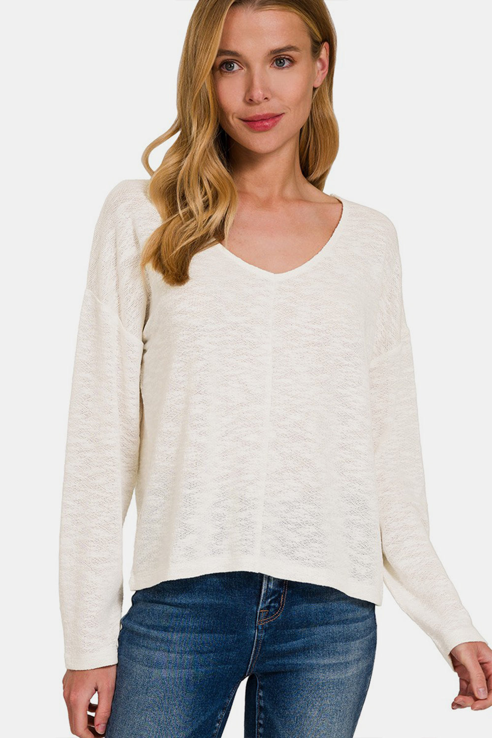 Blue Zone Planet | Zenana V-Neck Dropped Shoulder Long Sleeve T-Shirt-TOPS / DRESSES-[Adult]-[Female]-Ivory-S-2022 Online Blue Zone Planet