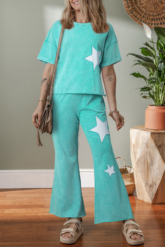 Mint Green Acid Wash Star Patched Rolled Trim Pants Set-Two Piece Sets/Pant Sets-[Adult]-[Female]-Mint Green-S-2022 Online Blue Zone Planet