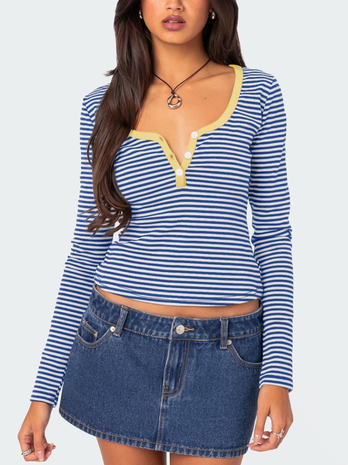 Buttoned Striped Long Sleeve T-Shirt-TOPS / DRESSES-[Adult]-[Female]-Blue-S-2022 Online Blue Zone Planet