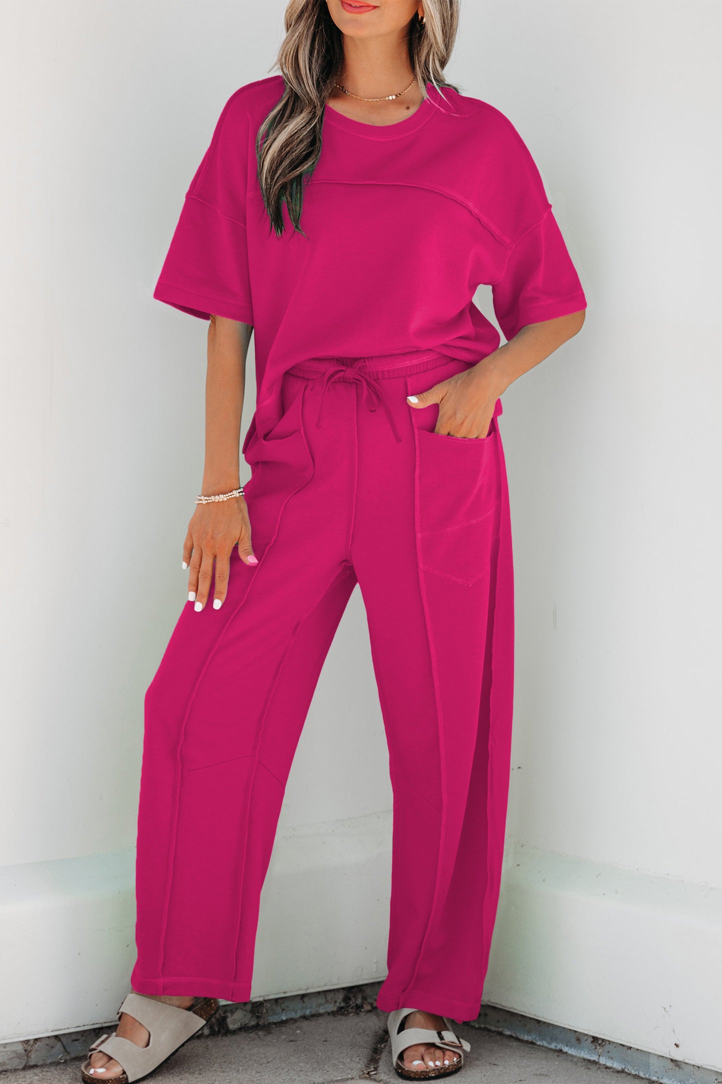 Sky Blue Drop Shoulder Boxy Tee and Barrel Pants Set-Two Piece Sets/Pant Sets-[Adult]-[Female]-2022 Online Blue Zone Planet