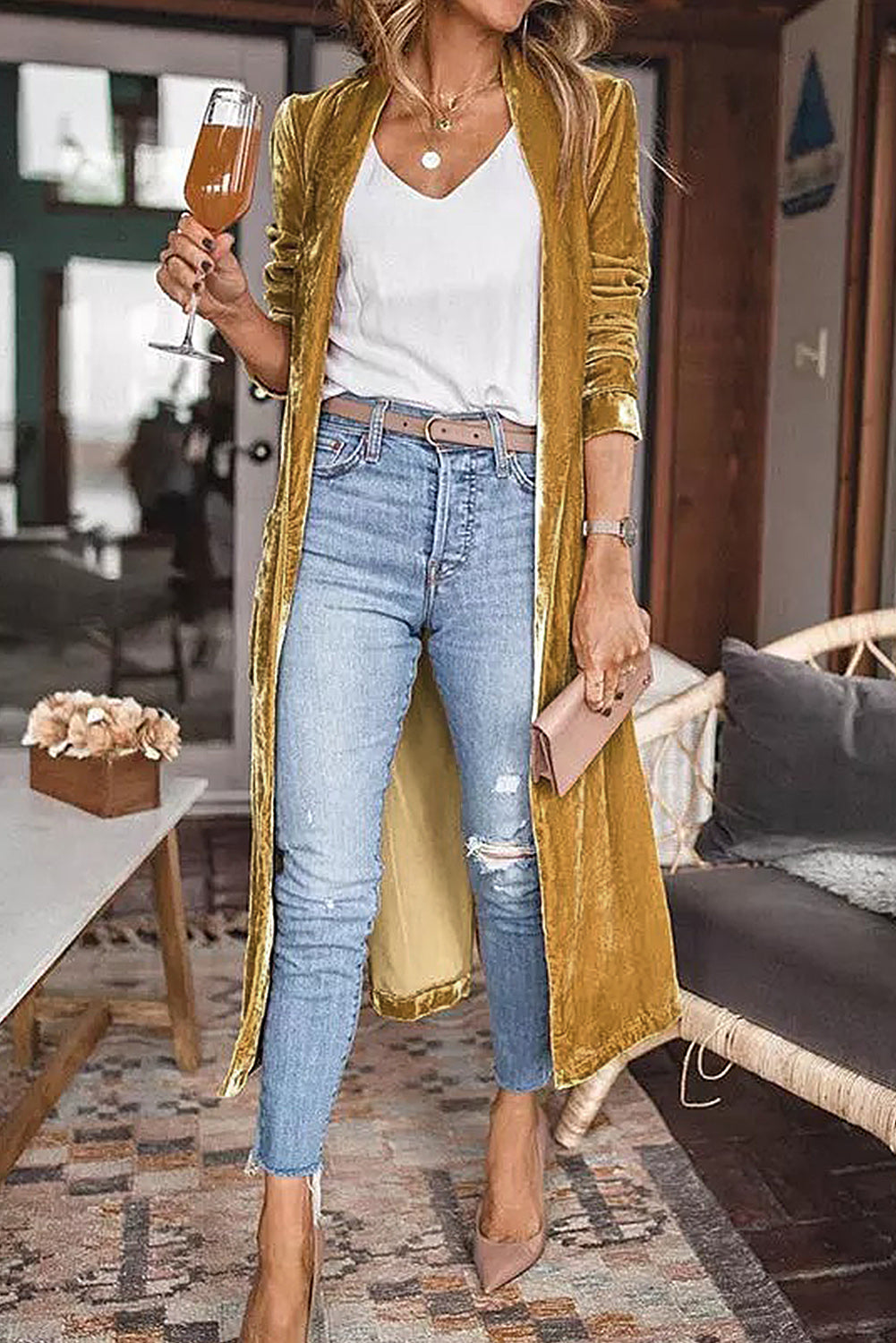 Yellow Velvet Open Front Pocketed Long Duster-Sweaters & Cardigans/Cardigans-[Adult]-[Female]-Yellow-S-2022 Online Blue Zone Planet