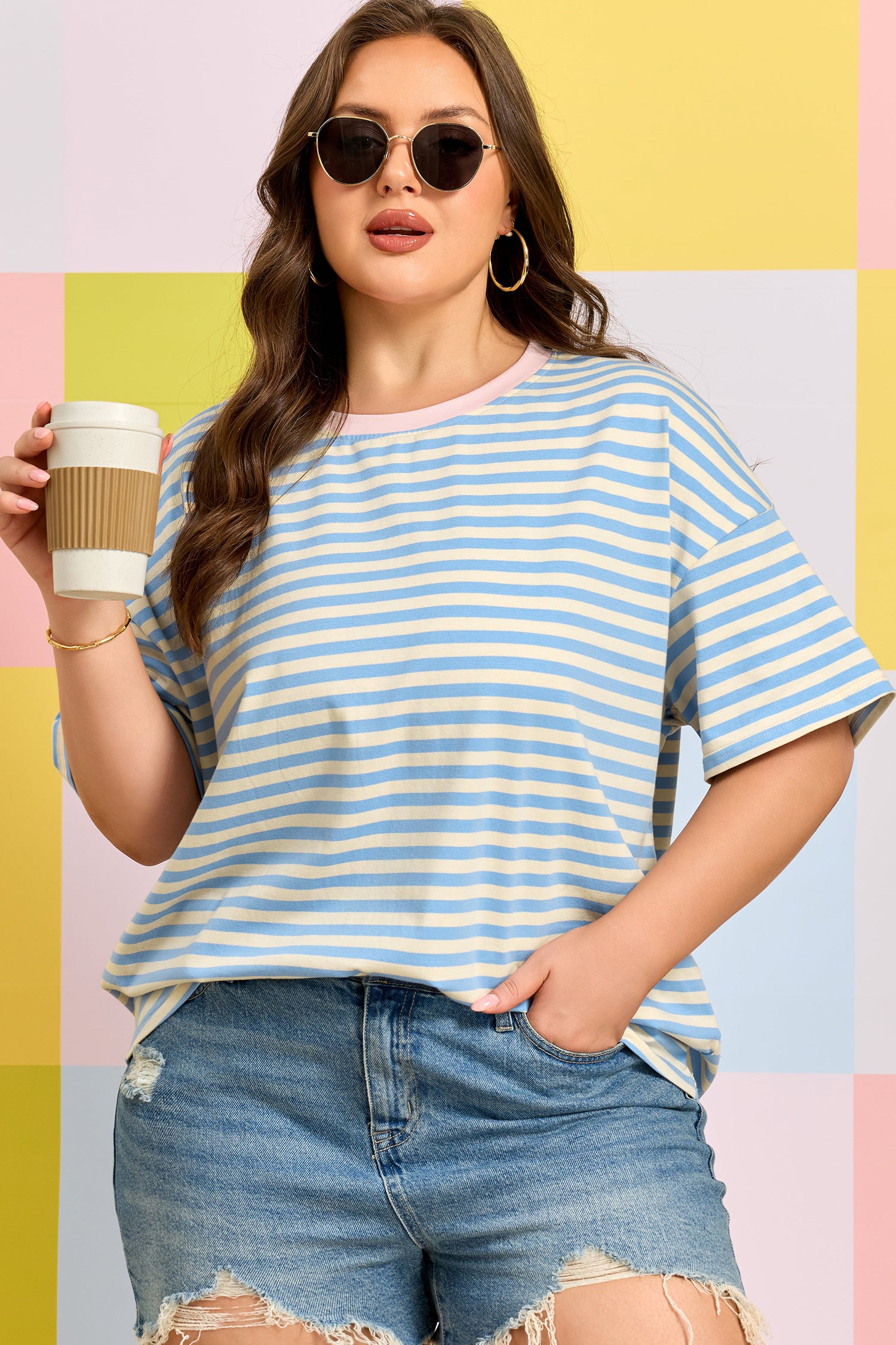 Sky Blue Stripe Plus Size Drop Shoulder Contrast Trim Round Neck Tee-Plus Size/Plus Size Tops/Plus Size Tops & Tees-[Adult]-[Female]-2022 Online Blue Zone Planet