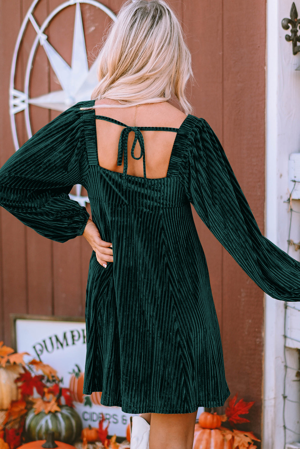 Zone Planet | Green Tie Back Square Neck Velvet Babydoll Dress - Green / S / 90%Polyester+10%Elastane by Blue Zone Planet Zone Planet | Green Tie Back Square Neck Velvet Babydoll Dress - Green / S / 90%Polyester+10%Elastane by Blue Zone Planet