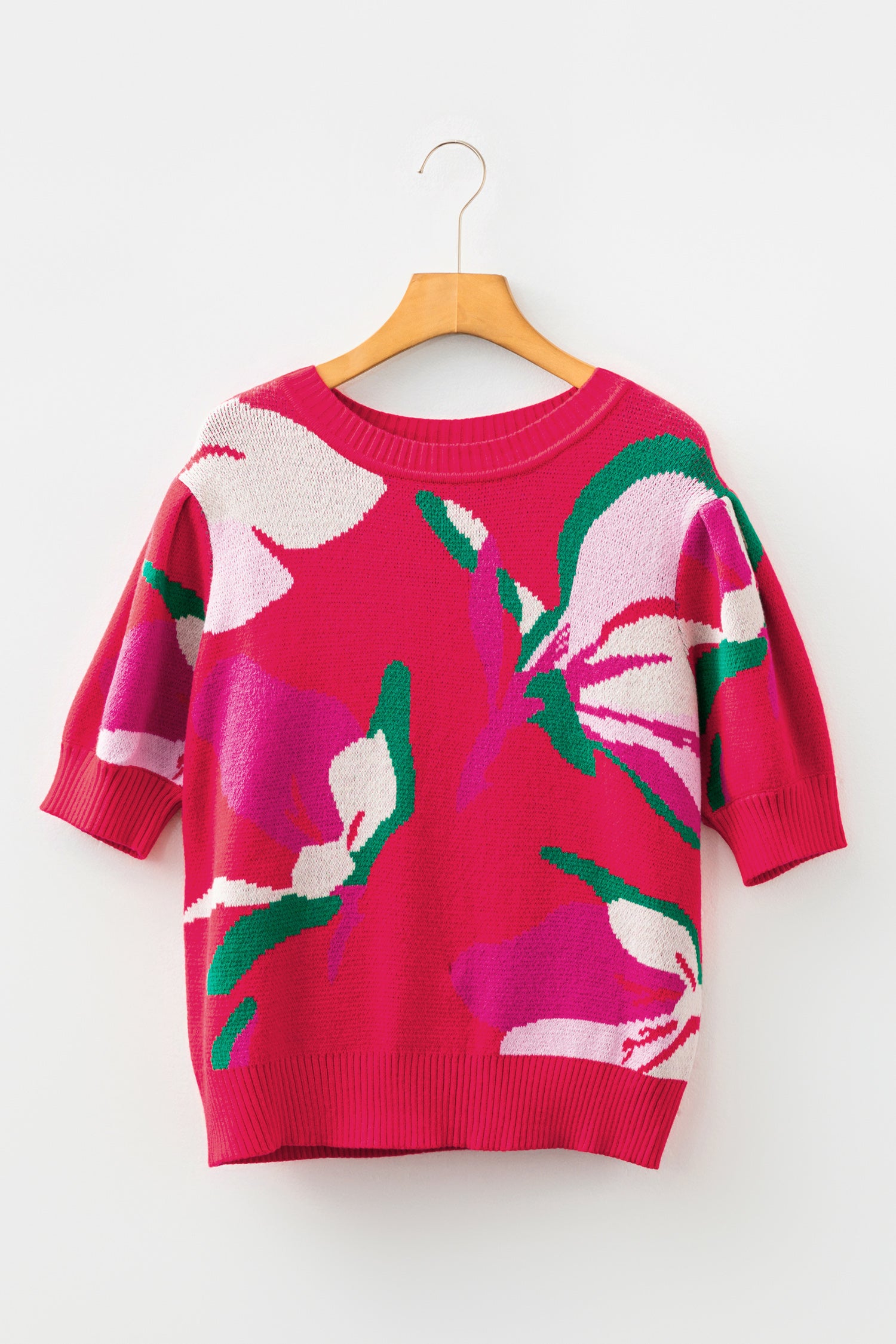 Red Floral Abstract Print Short Puff Sleeve Sweater-TOPS / DRESSES-[Adult]-[Female]-2022 Online Blue Zone Planet