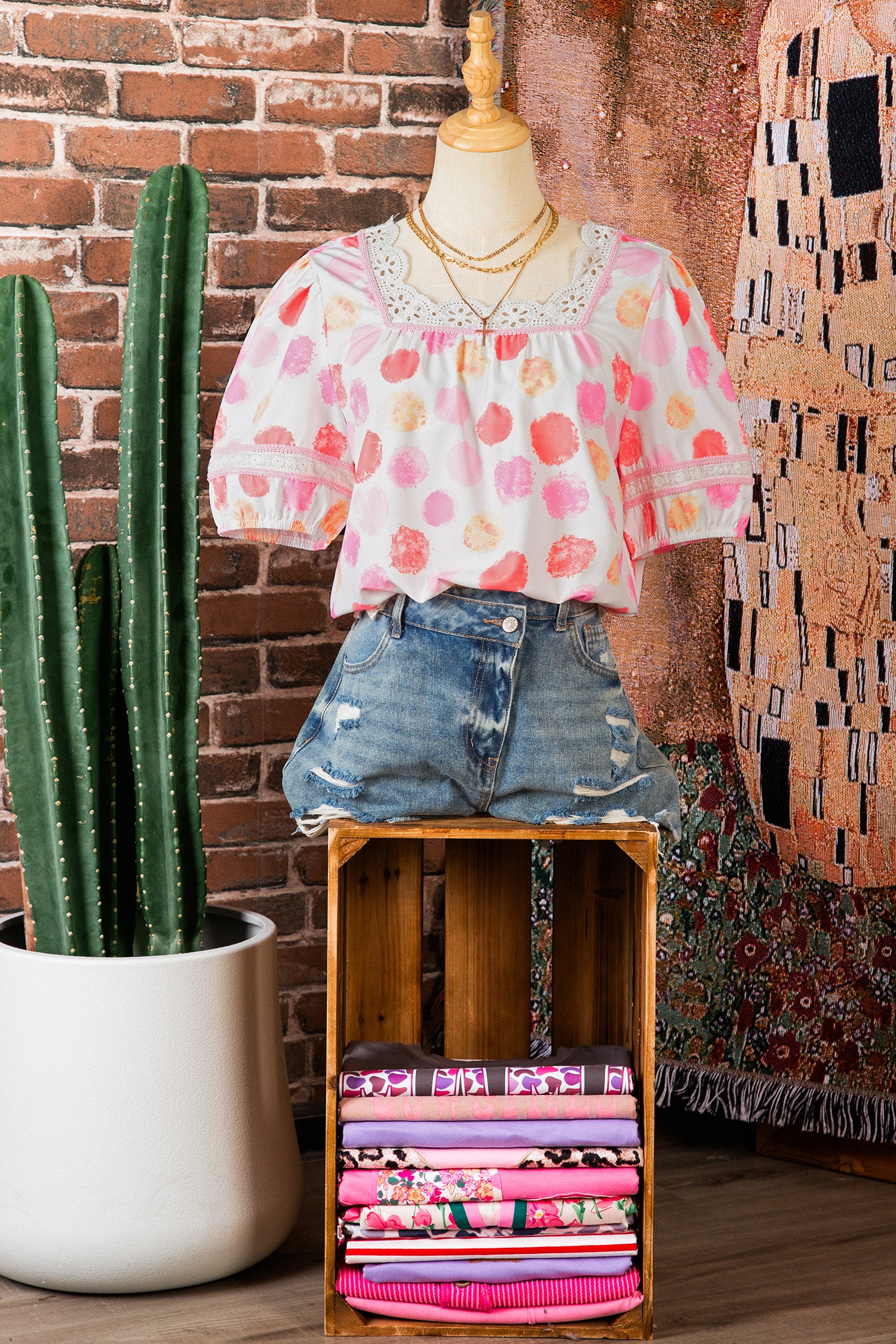 Pink Polka Dot Lace Trim Square Neck Puff Sleeve Blouse-Tops/Blouses & Shirts-[Adult]-[Female]-2022 Online Blue Zone Planet