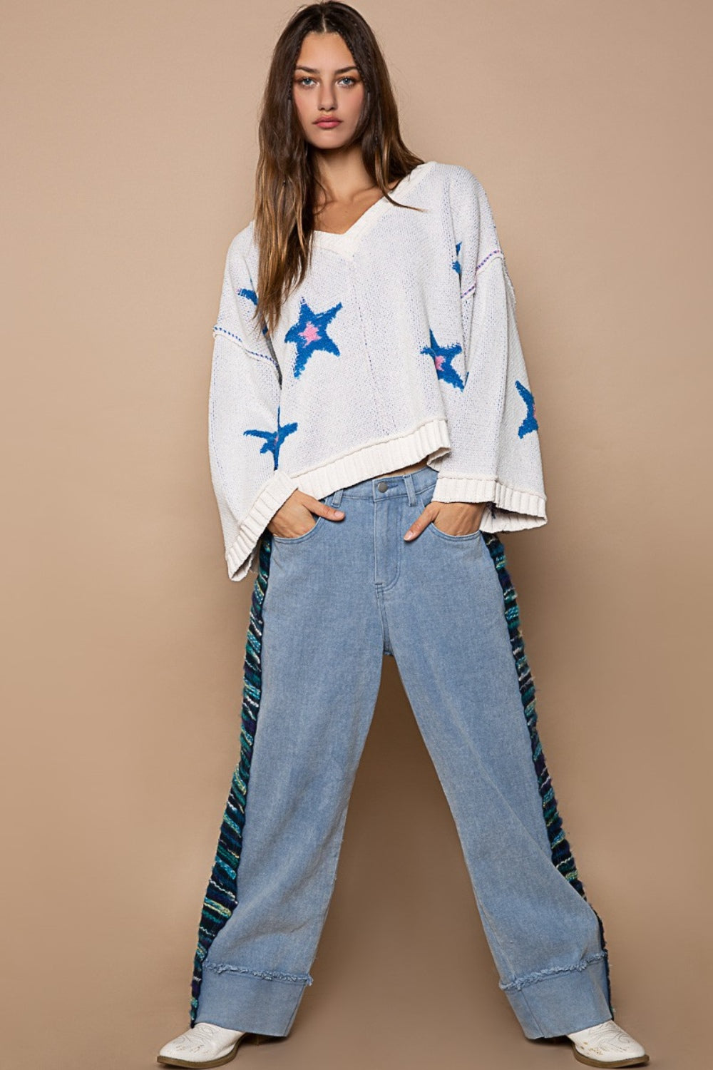 POL Long Sleeve Star Patch Sweater-TOPS / DRESSES-[Adult]-[Female]-2022 Online Blue Zone Planet