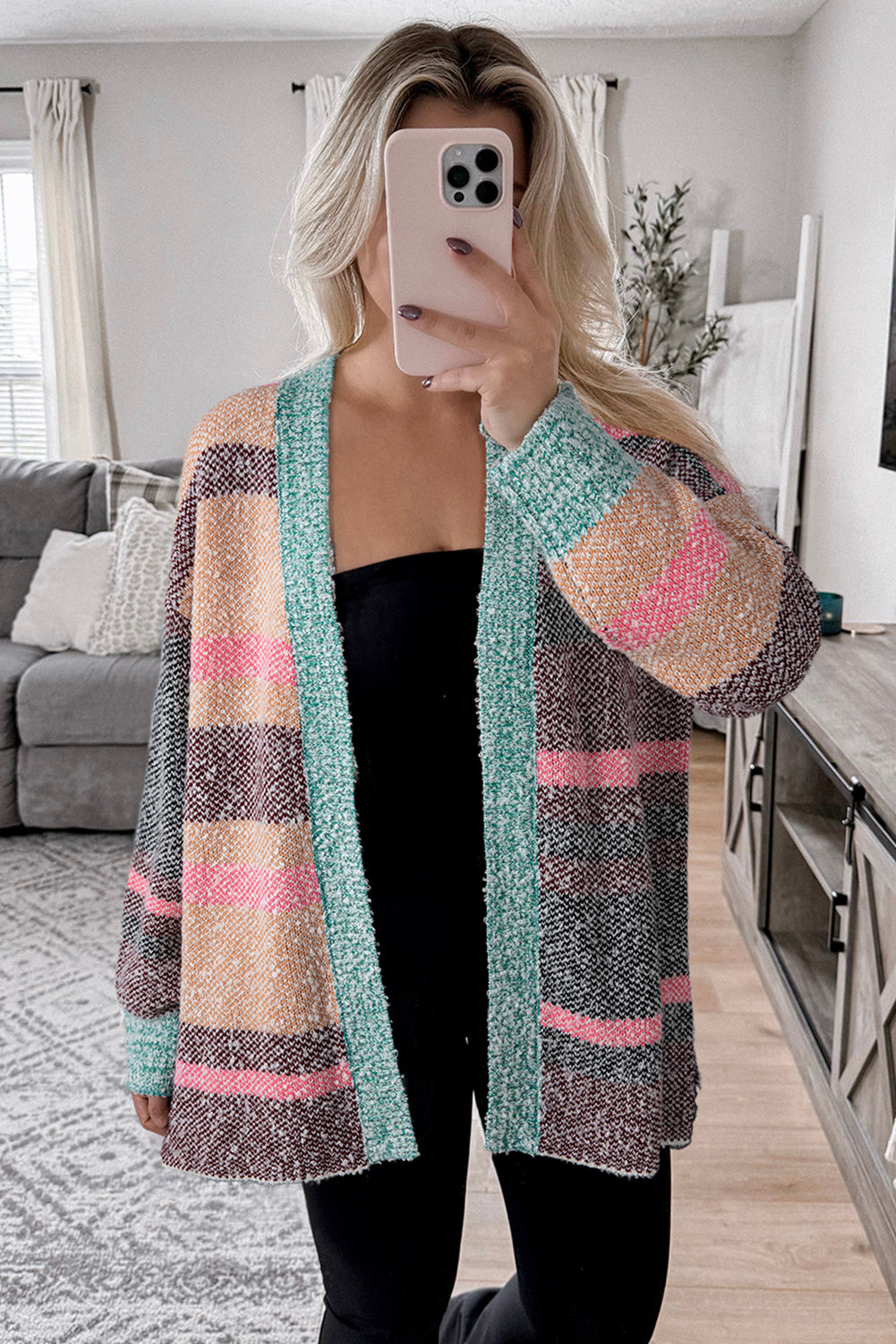 Multicolour Color Block Striped Side Slit Open Front Cardigan-Sweaters & Cardigans/Cardigans-[Adult]-[Female]-2022 Online Blue Zone Planet