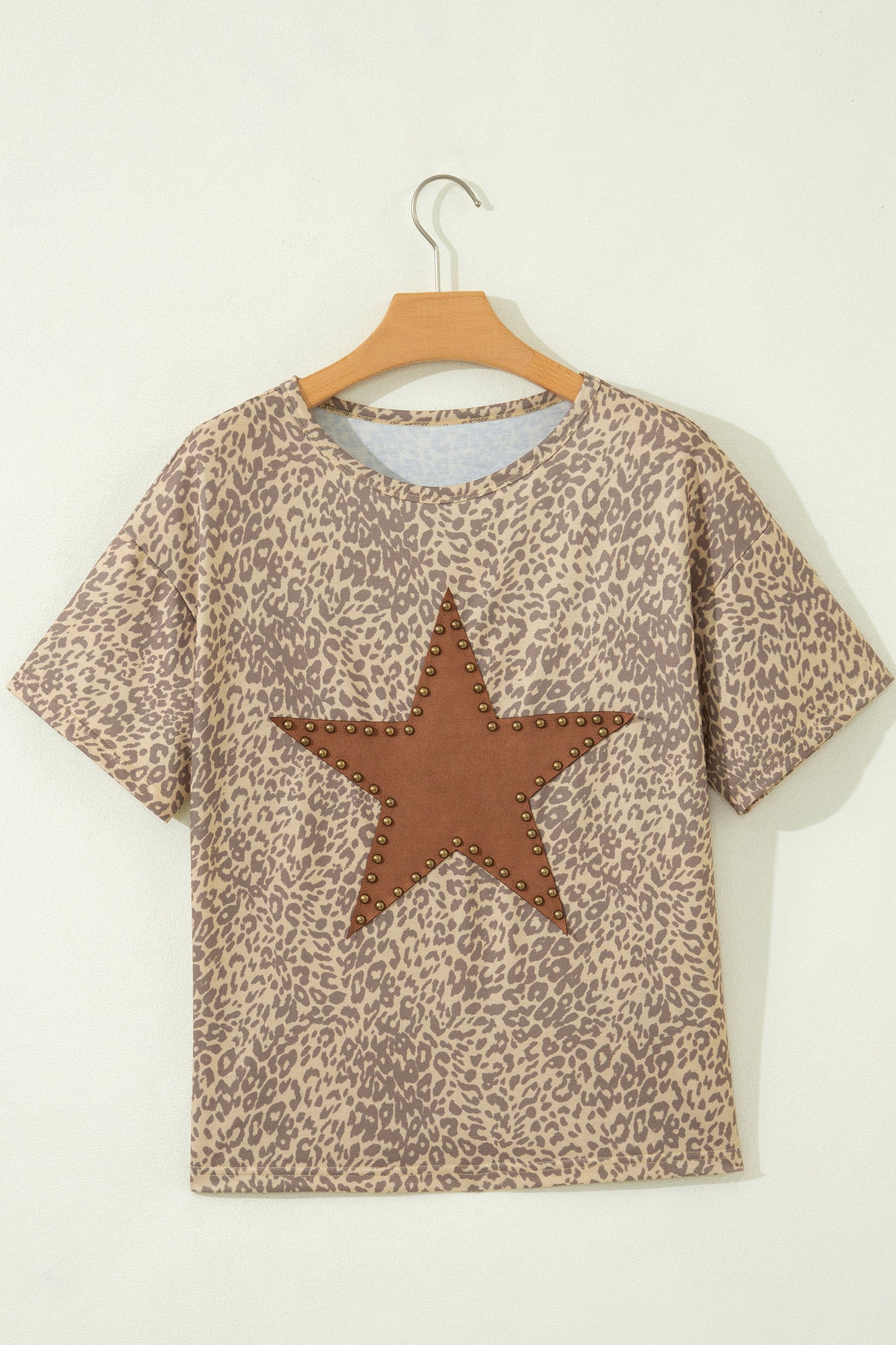 Khaki Leopard Retro Studded Star Patch Loose Tee-Tops/Tops & Tees-[Adult]-[Female]-2022 Online Blue Zone Planet