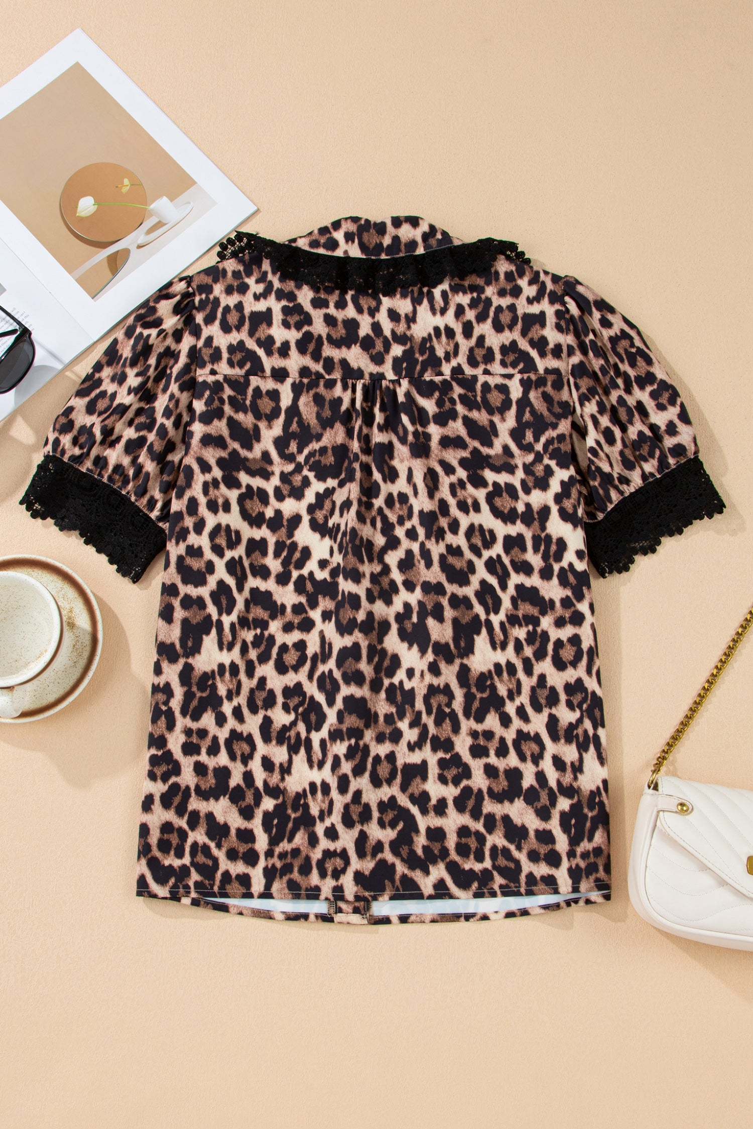 Brown Leopard Print Button Down Lace Trim Short Sleeve Shirt-Tops/Blouses & Shirts-[Adult]-[Female]-2022 Online Blue Zone Planet