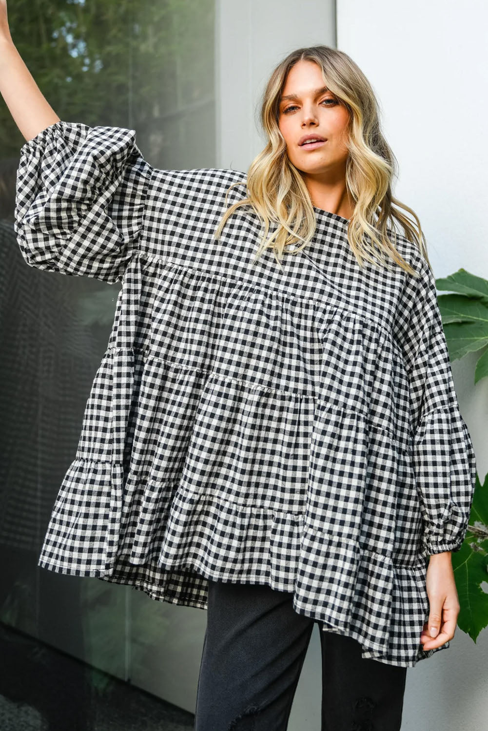 Black Checkered Puff Sleeve Tiered Loose Babydoll Blouse-Tops/Blouses & Shirts-[Adult]-[Female]-2022 Online Blue Zone Planet