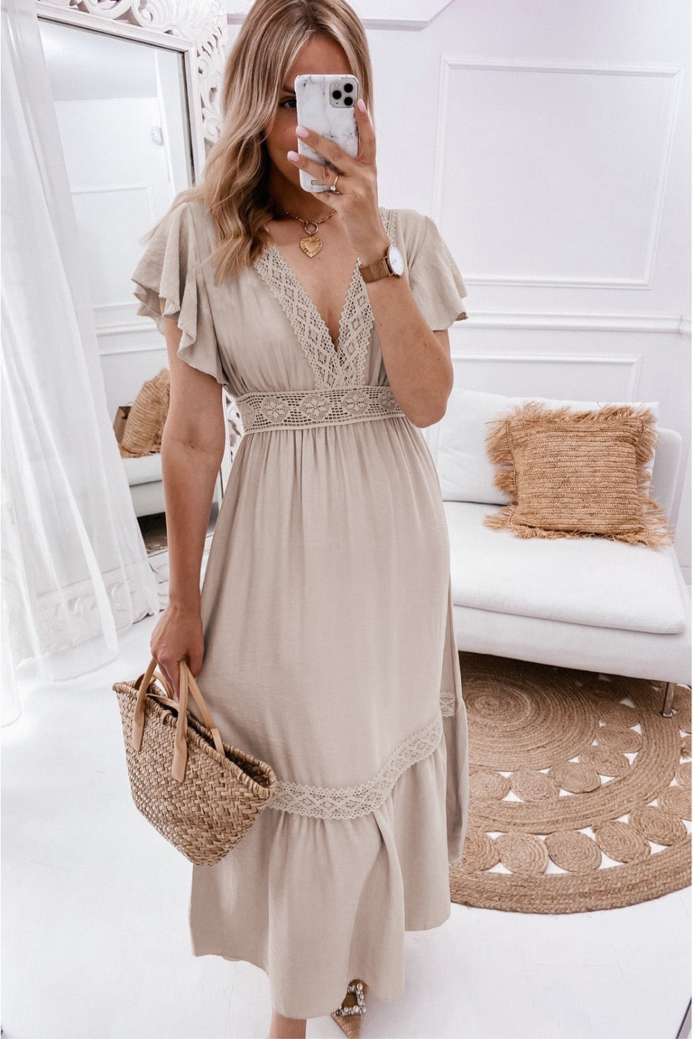 Oatmeal Lace V Neck Ruffled Sleeve Empire Waist Dress-Dresses/Maxi Dresses-[Adult]-[Female]-2022 Online Blue Zone Planet