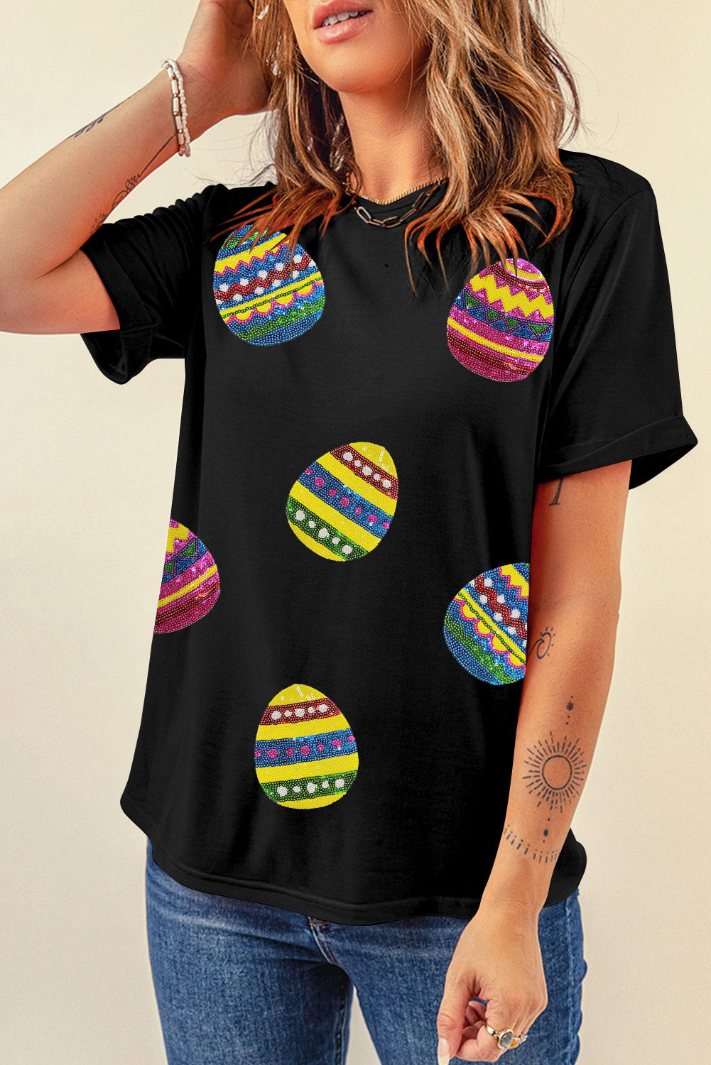 Black Shimmer Easter Eggs Print T-shirt-Graphic/Graphic Tees-[Adult]-[Female]-2022 Online Blue Zone Planet