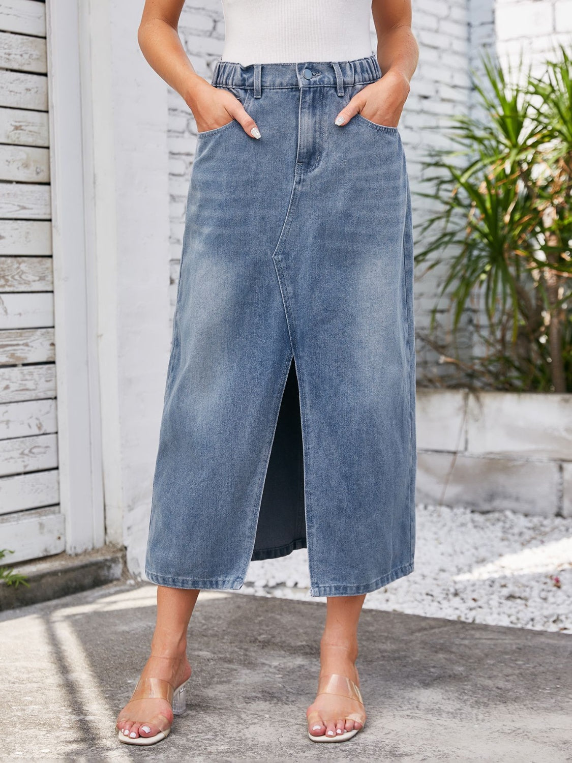 Slit Midi Denim Skirt with Pockets-BOTTOMS SIZES SMALL MEDIUM LARGE-[Adult]-[Female]-Light Blue-S-2022 Online Blue Zone Planet