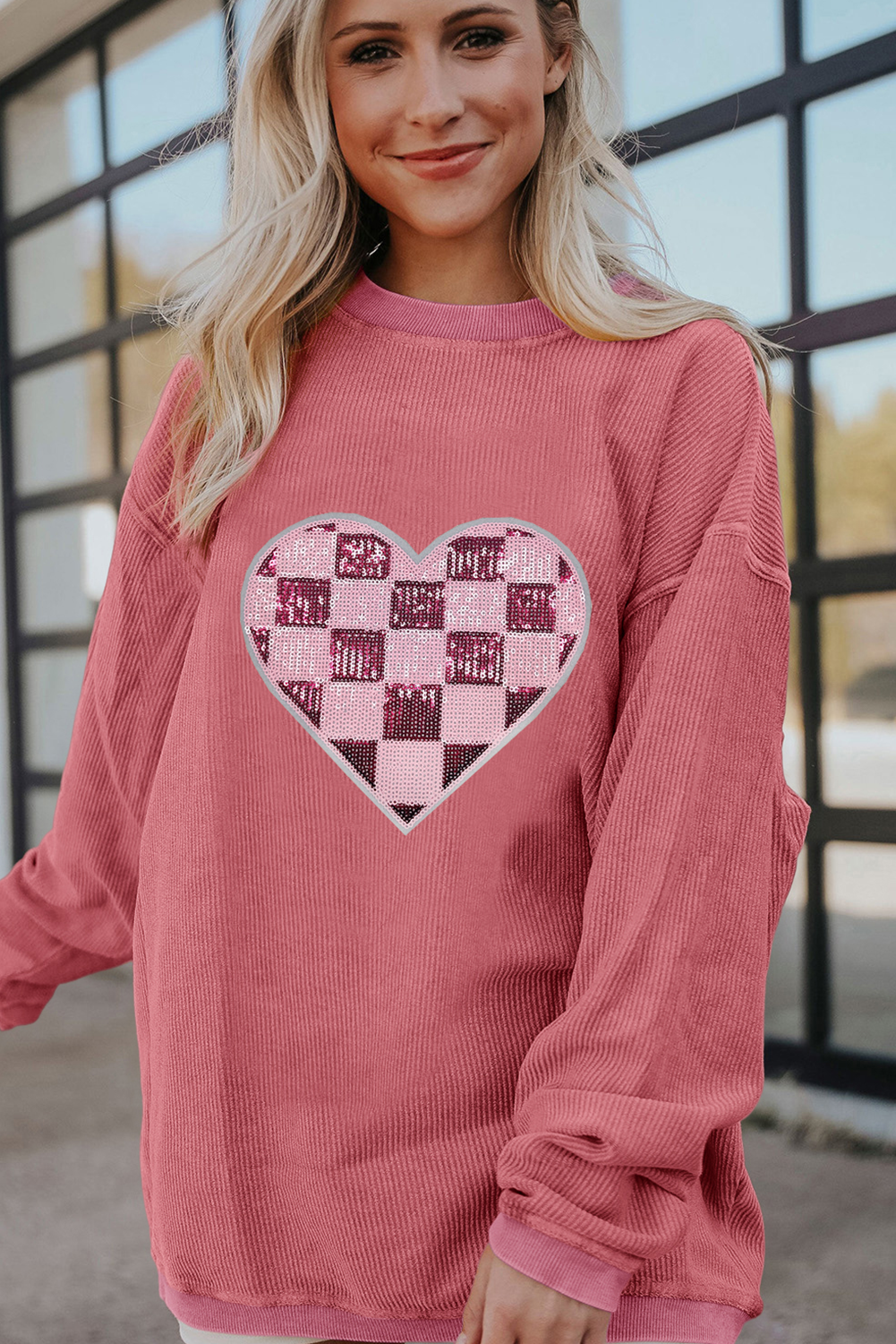 Strawberry Pink Checkered Heart Graphic Ribbed Valentines Sweatshirt-Graphic Sweatshirts-[Adult]-[Female]-2022 Online Blue Zone Planet