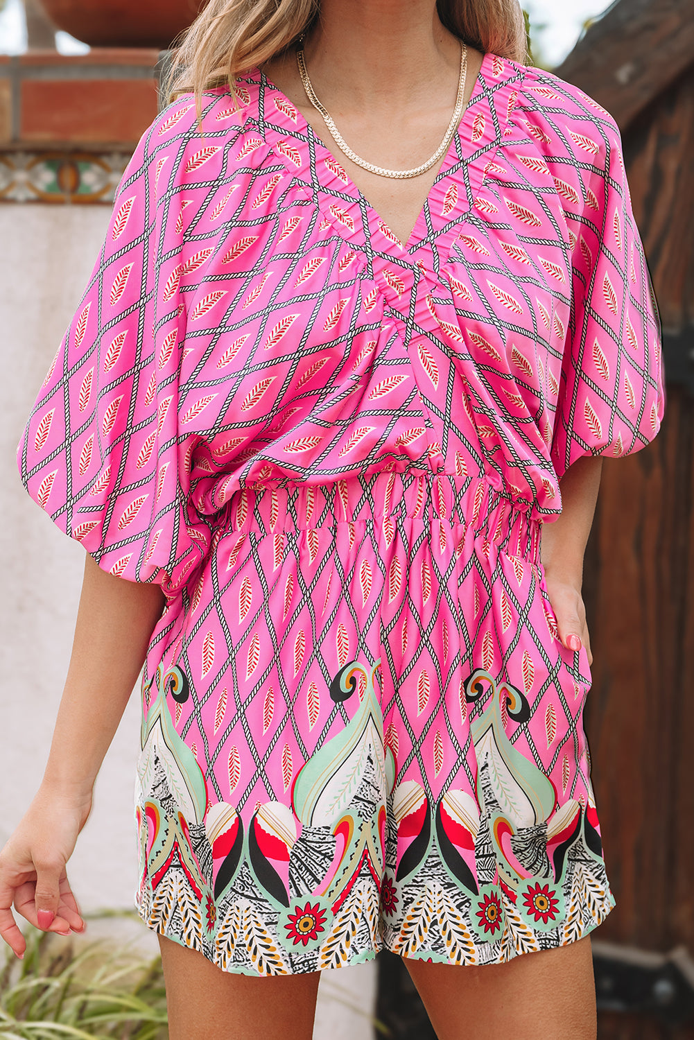 Blue Zone Planet | Pink Paisley Geometric Print V Neck High Waist Romper-Bottoms/Jumpsuits & Rompers-[Adult]-[Female]-2022 Online Blue Zone Planet
