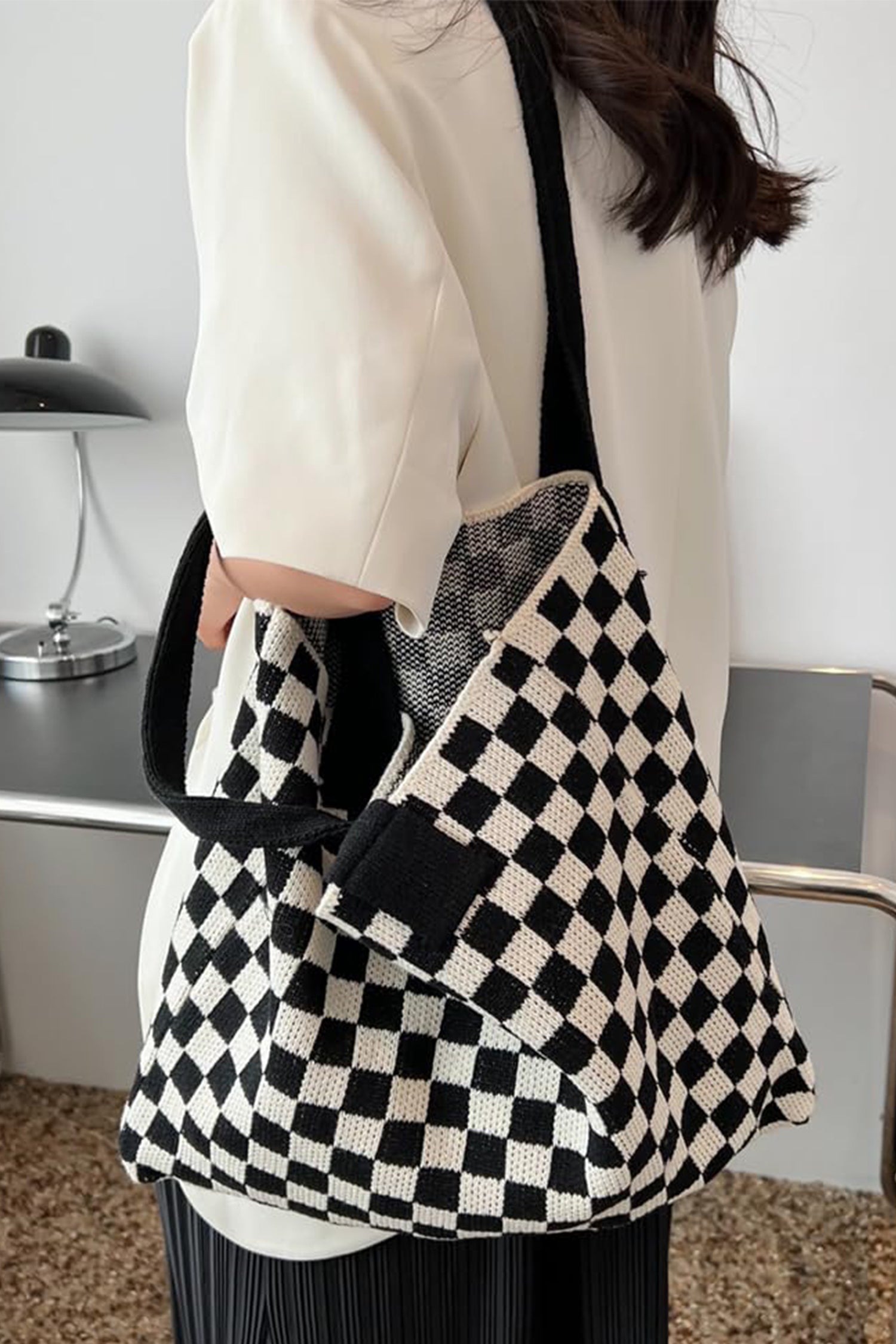 Ginger Checkered Knit Eco-Friendly Tote Bag-Shoes & Bags/Shoulder Bags-[Adult]-[Female]-2022 Online Blue Zone Planet