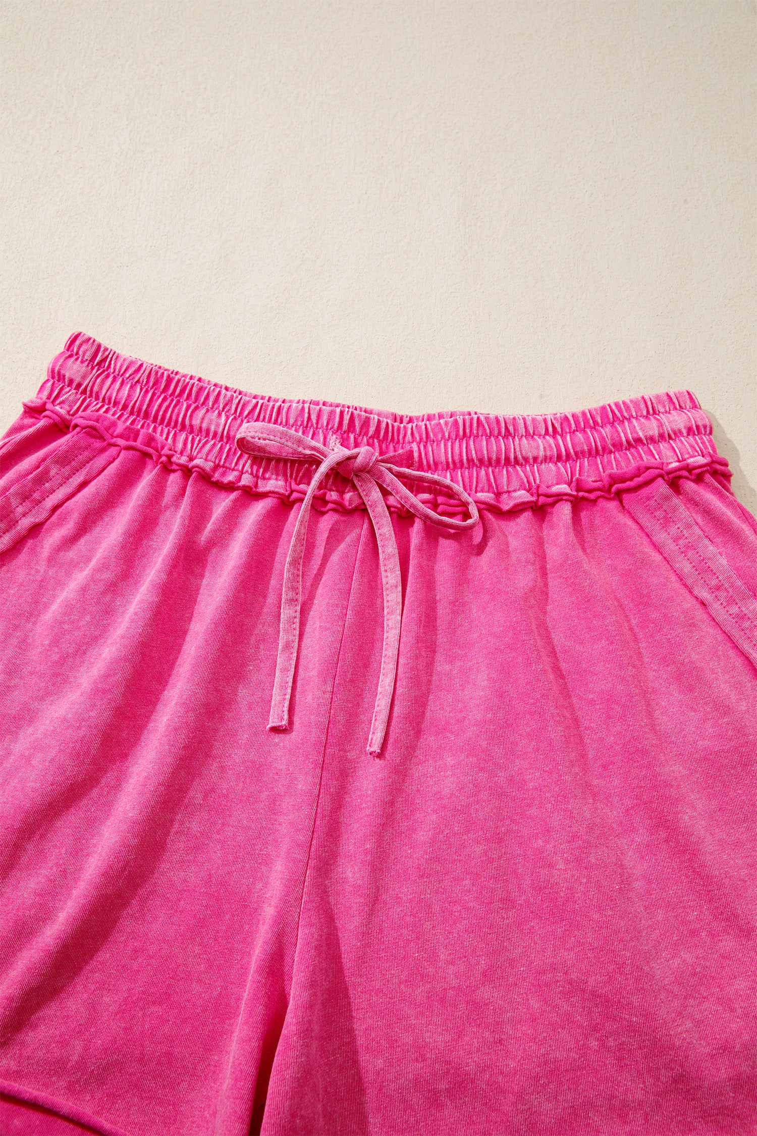 Rose Red Mineral Washed Drawstring Elastic Waist Raw Cut Shorts-Bottoms/Casual Shorts-[Adult]-[Female]-2022 Online Blue Zone Planet