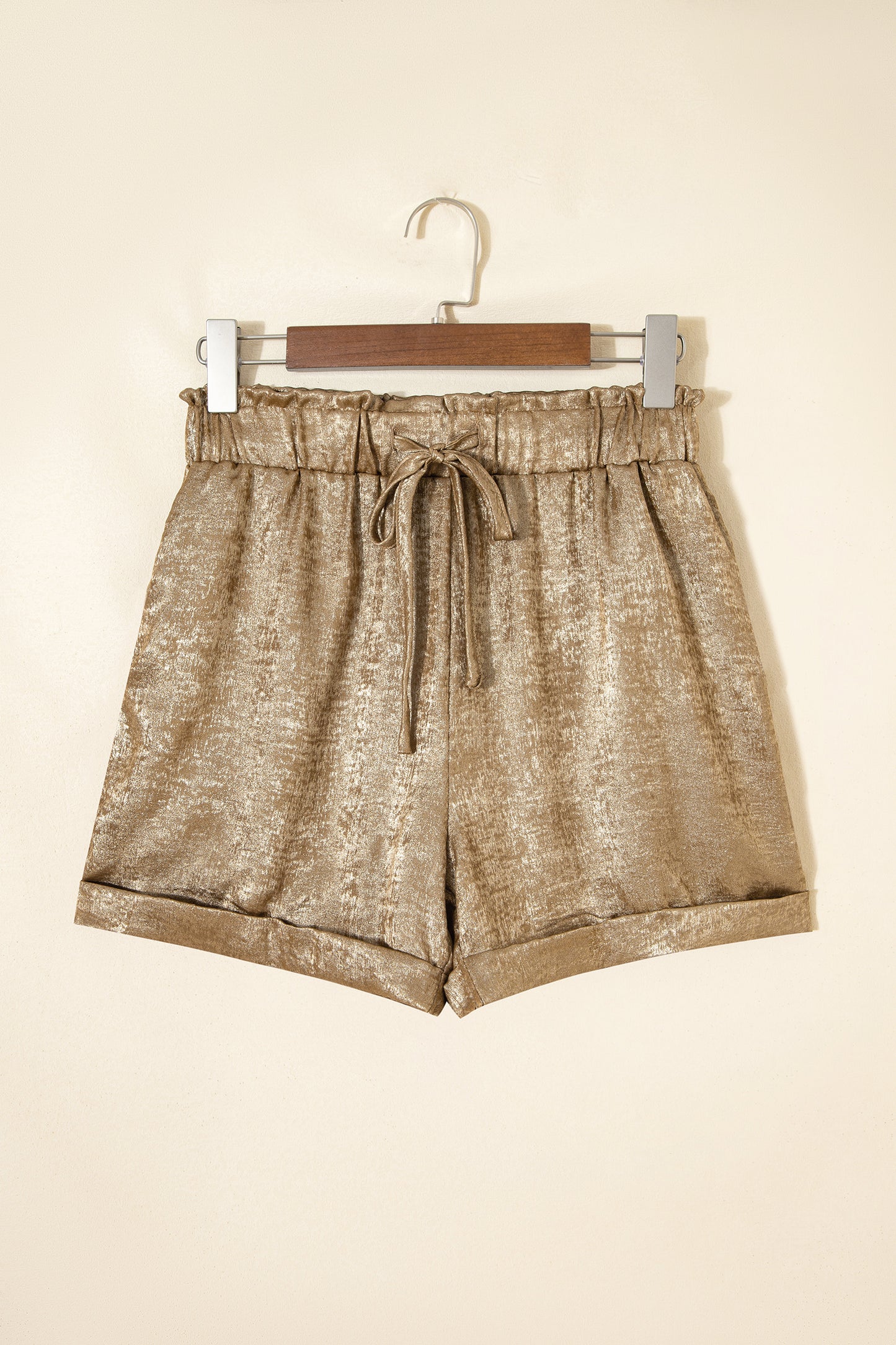 Gold Metallic Luster Tie Elastic Waist Cuffed Hem Shorts-Bottoms/Casual Shorts-[Adult]-[Female]-2022 Online Blue Zone Planet