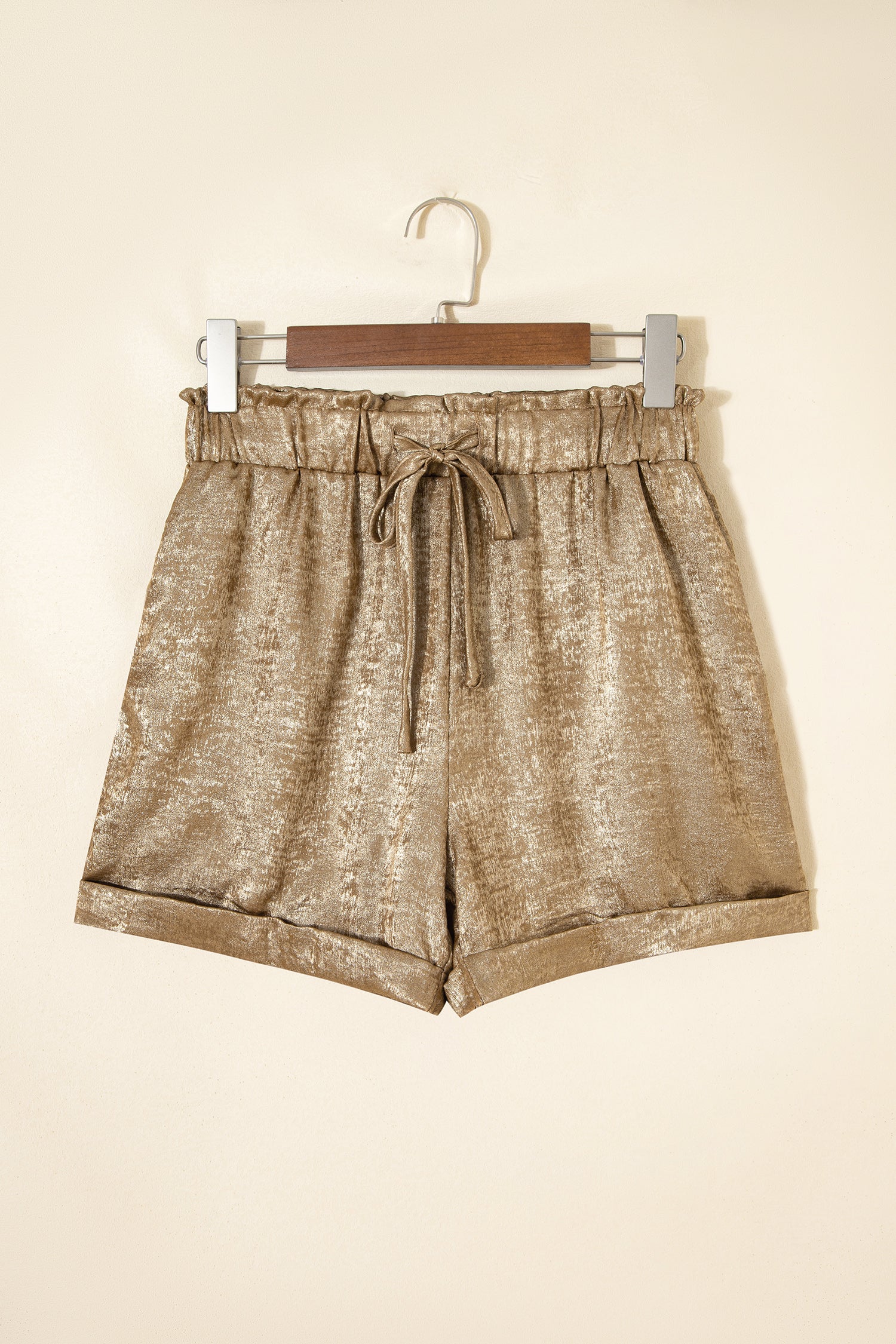 Gold Metallic Luster Tie Elastic Waist Cuffed Hem Shorts-Bottoms/Casual Shorts-[Adult]-[Female]-2022 Online Blue Zone Planet