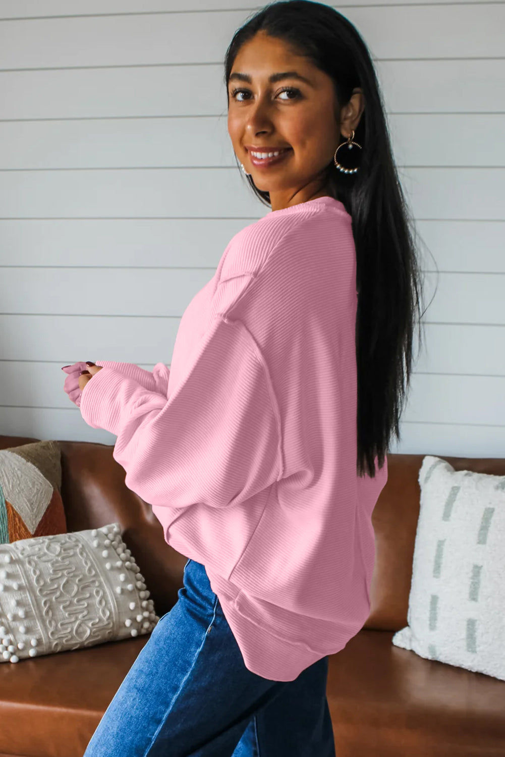 Pink Horizontal Ribbed Exposed Seam Detail Drop Shoulder Baggy Pullover-Tops/Long Sleeve Tops-[Adult]-[Female]-2022 Online Blue Zone Planet