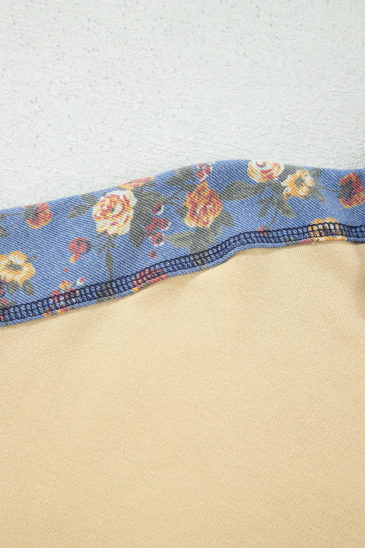 Apricot Floral Denim Patchwork Collar V Neck Long Sleeve Pullover Top-Tops/Long Sleeve Tops-[Adult]-[Female]-2022 Online Blue Zone Planet