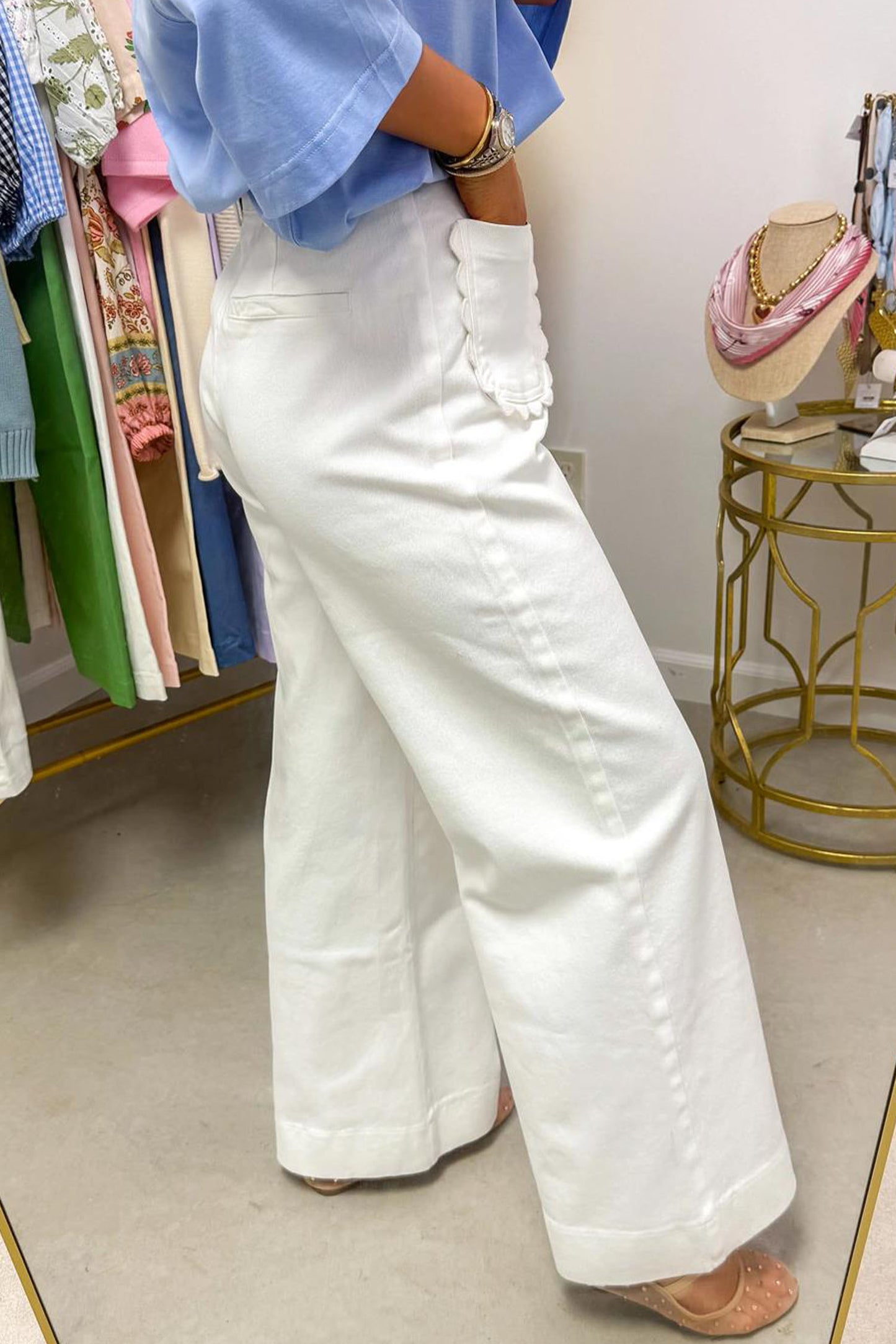 White Solid Color Scalloped Patch Pocket Shift Jeans-Bottoms/Jeans-[Adult]-[Female]-2022 Online Blue Zone Planet