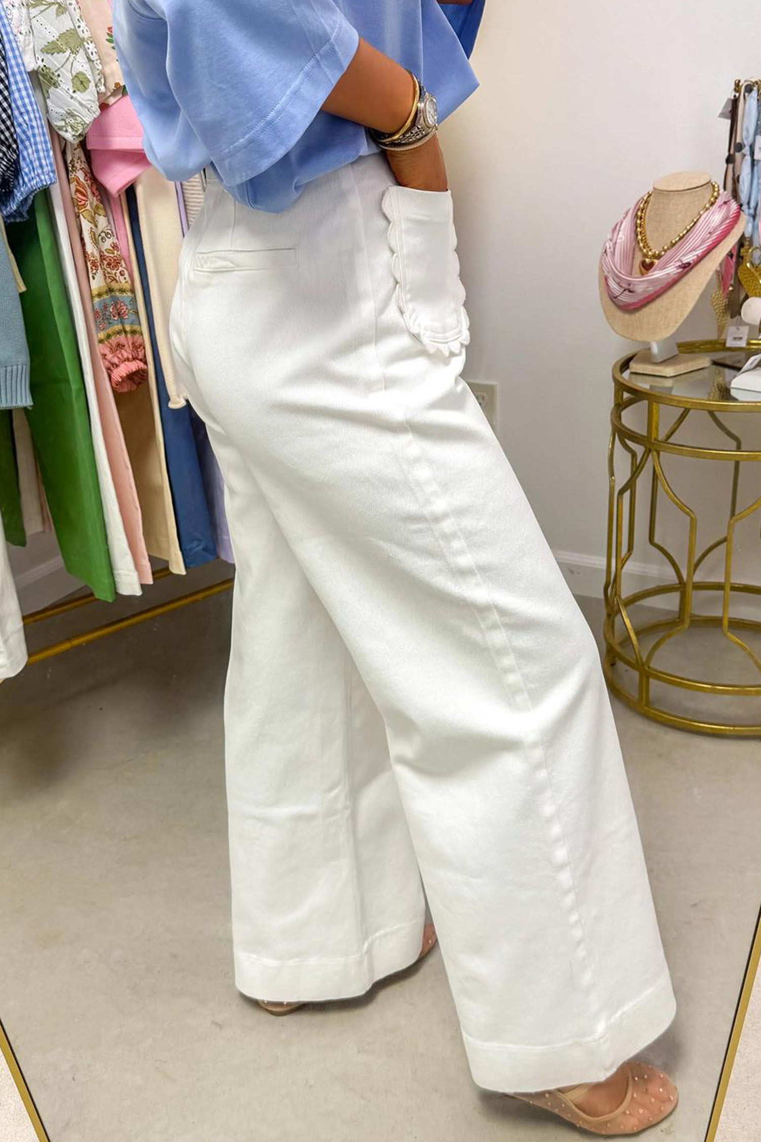 White Solid Color Scalloped Patch Pocket Shift Jeans-Bottoms/Jeans-[Adult]-[Female]-2022 Online Blue Zone Planet