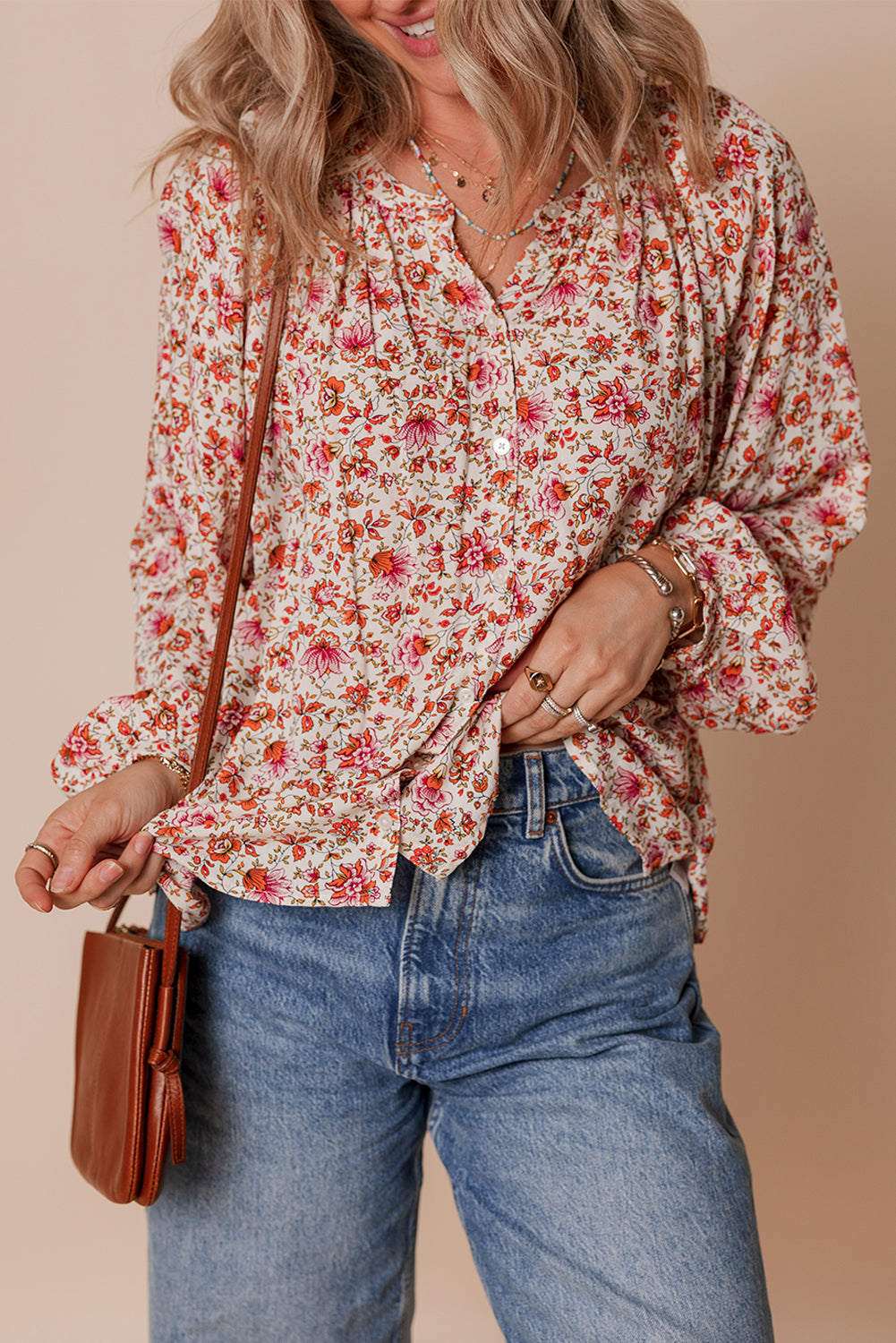 Red Floral Print Pleated Detail Notched Neck Puff Sleeve Blouse-Tops/Blouses & Shirts-[Adult]-[Female]-2022 Online Blue Zone Planet