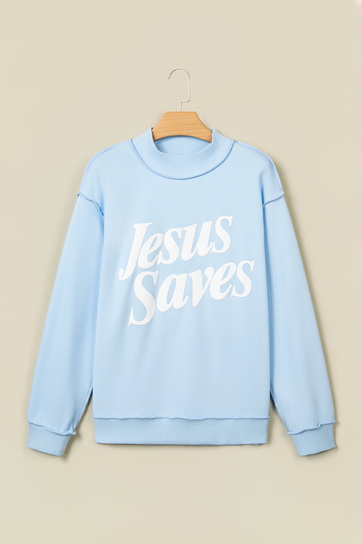 Mist Blue Jesus Saves Slogan Print Stand Neck Baggy Sweatshirt-Tops/Sweatshirts & Hoodies-[Adult]-[Female]-2022 Online Blue Zone Planet