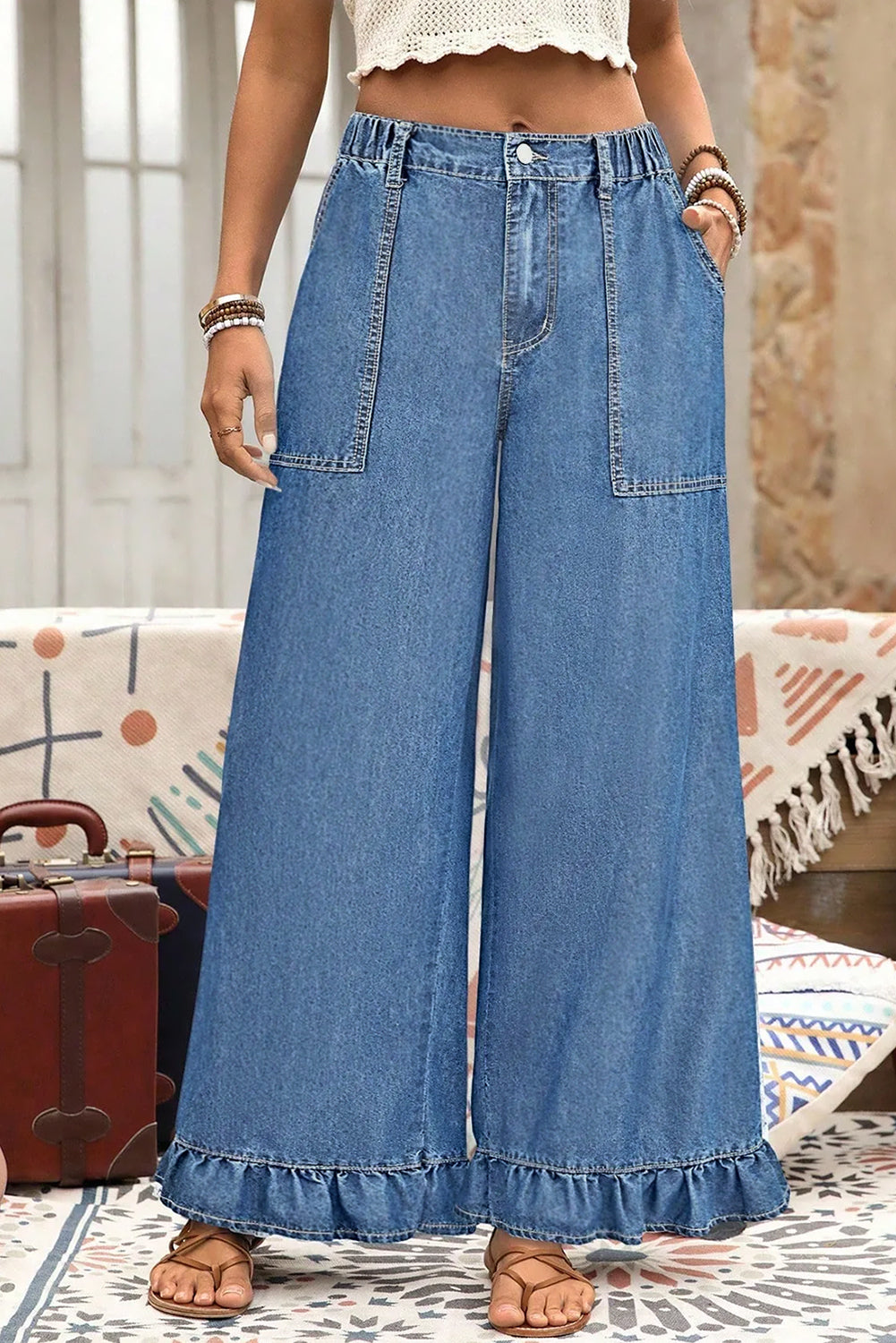 Ashleigh Blue Plus Size Elastic Waist Ruffled Wide Leg Denim Pants-Plus Size/Plus Size Bottoms-[Adult]-[Female]-2022 Online Blue Zone Planet
