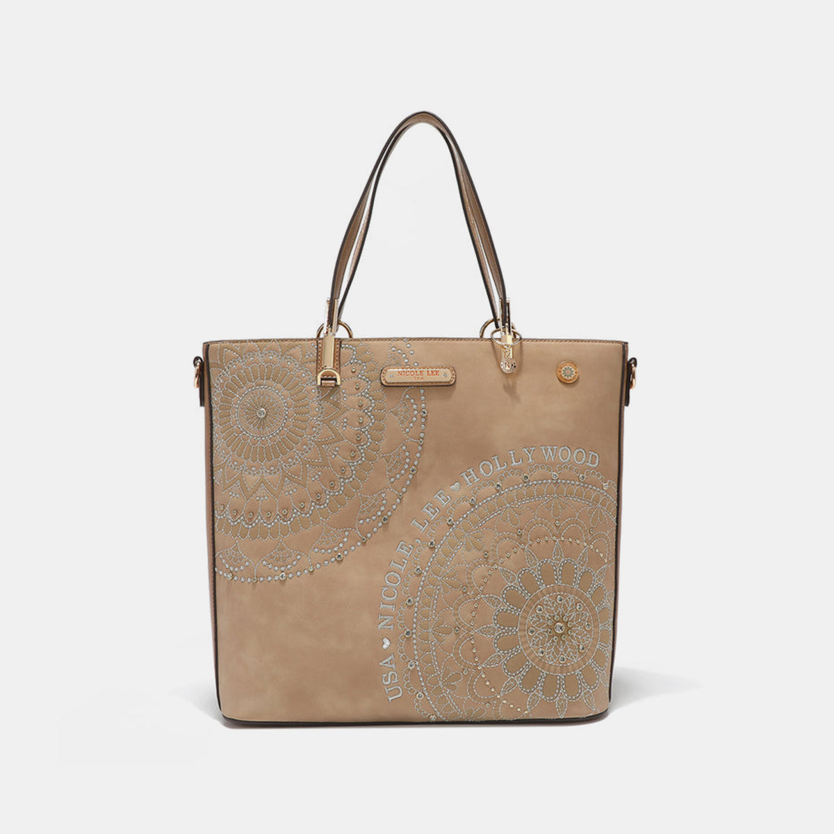 Blue Zone Planet | Nicole Lee USA Metallic Stitching Embroidery Inlaid Rhinestone Tote Bag-TOPS / DRESSES-[Adult]-[Female]-Beige-One Size-2022 Online Blue Zone Planet