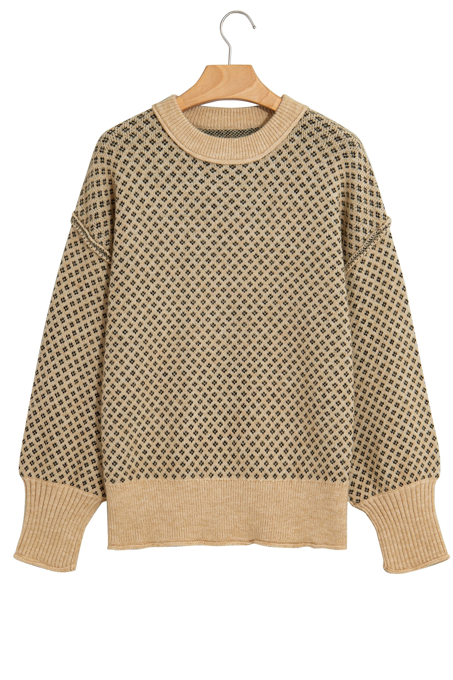 Khaki Geometric Print Drop Shoulder Round Neck Long Sleeve Sweater-TOPS / DRESSES-[Adult]-[Female]-2022 Online Blue Zone Planet