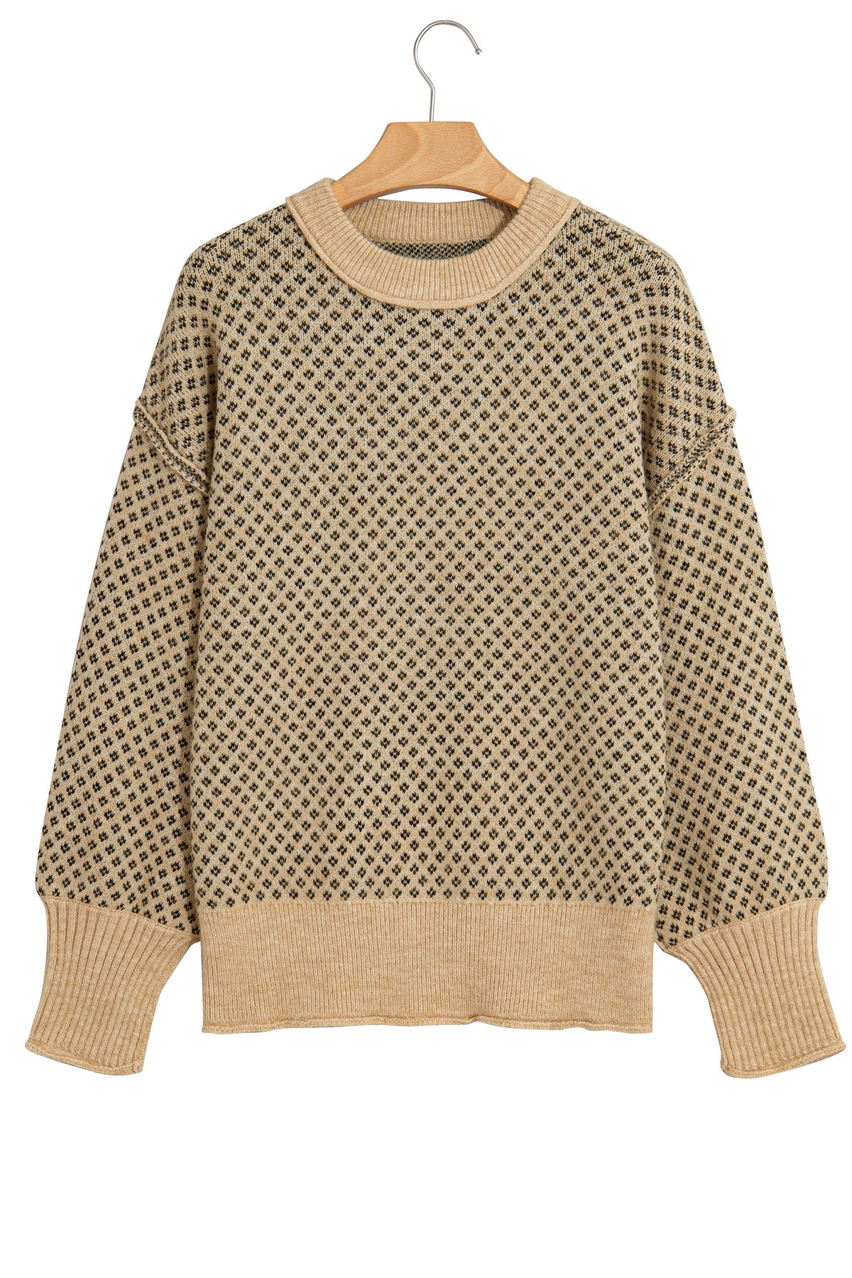 Khaki Geometric Print Drop Shoulder Round Neck Long Sleeve Sweater-TOPS / DRESSES-[Adult]-[Female]-2022 Online Blue Zone Planet