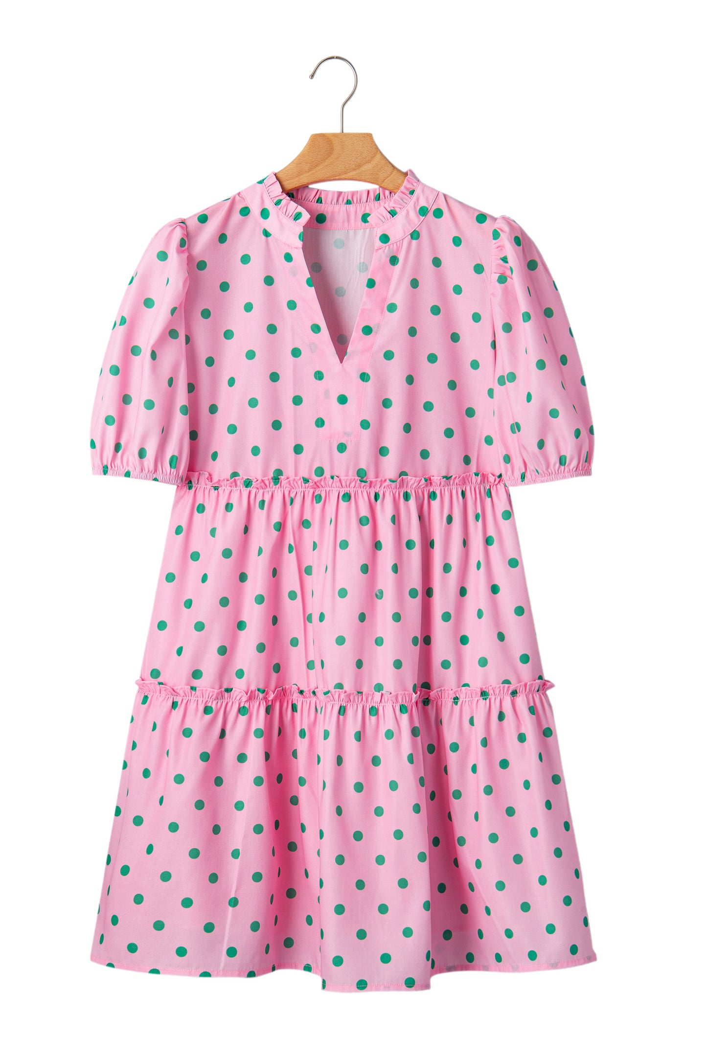 Pink Polka Dot Print V Neck Short Sleeve Tiered Mini Dress-TOPS / DRESSES-[Adult]-[Female]-2022 Online Blue Zone Planet